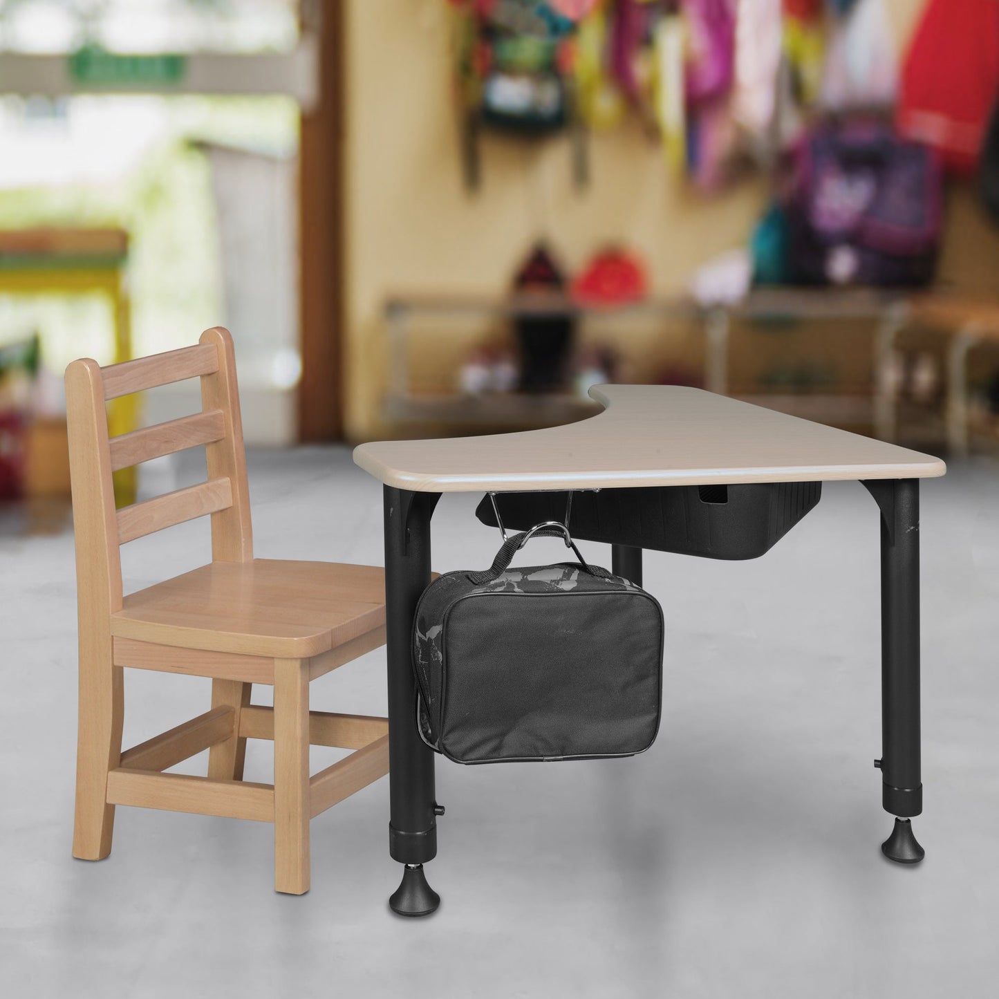 Regency 28" Boomerang Height Adjustable Plastic Top Activity School Desk with Book Storage and Backpack Hook (Maple)