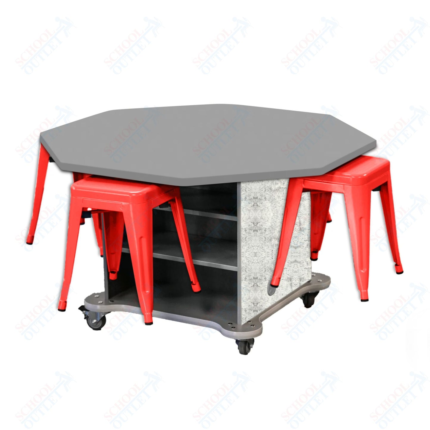 CEF Creation Cube Double-Sided Storage Table - 30"H, High-Pressure Laminate Base and Octagon Top - 4 Metal Stools Included