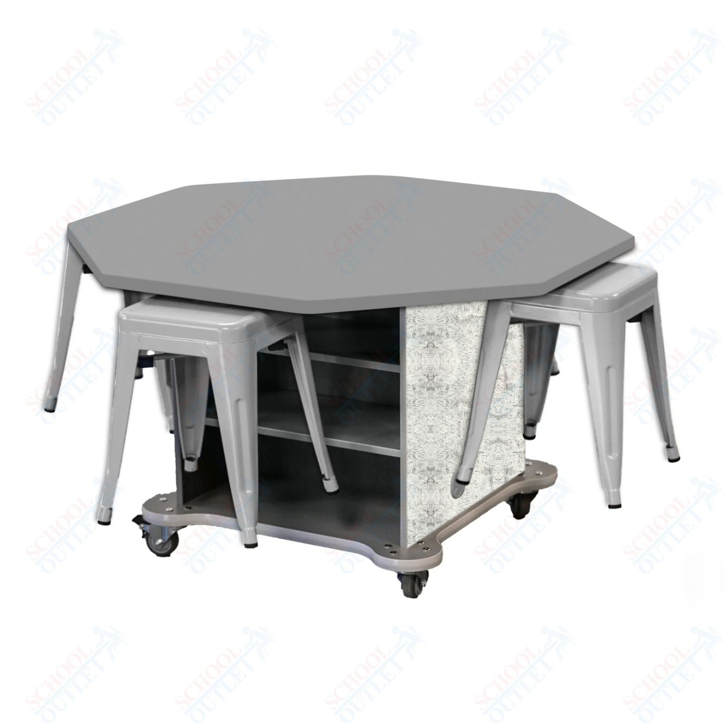 CEF Creation Cube Double-Sided Storage Table - 30"H, High-Pressure Laminate Base and Octagon Top - 4 Metal Stools Included