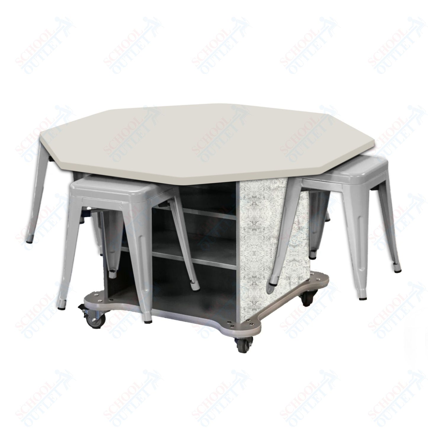 CEF Creation Cube Double-Sided Storage Table - 30"H, High-Pressure Laminate Base and Octagon Top - 4 Metal Stools Included