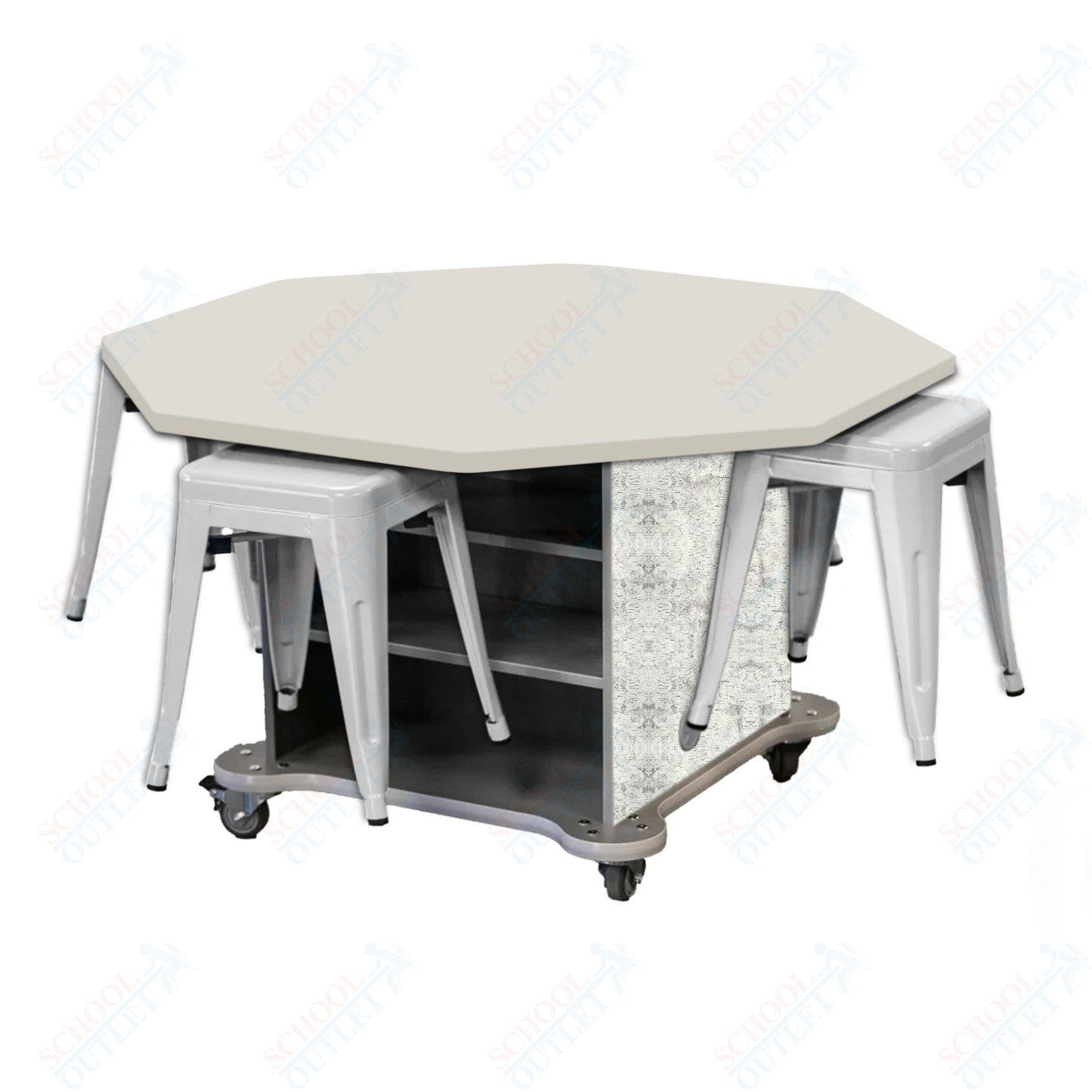 CEF Creation Cube Double-Sided Storage Table - 30"H, High-Pressure Laminate Base and Octagon Top - 4 Metal Stools Included