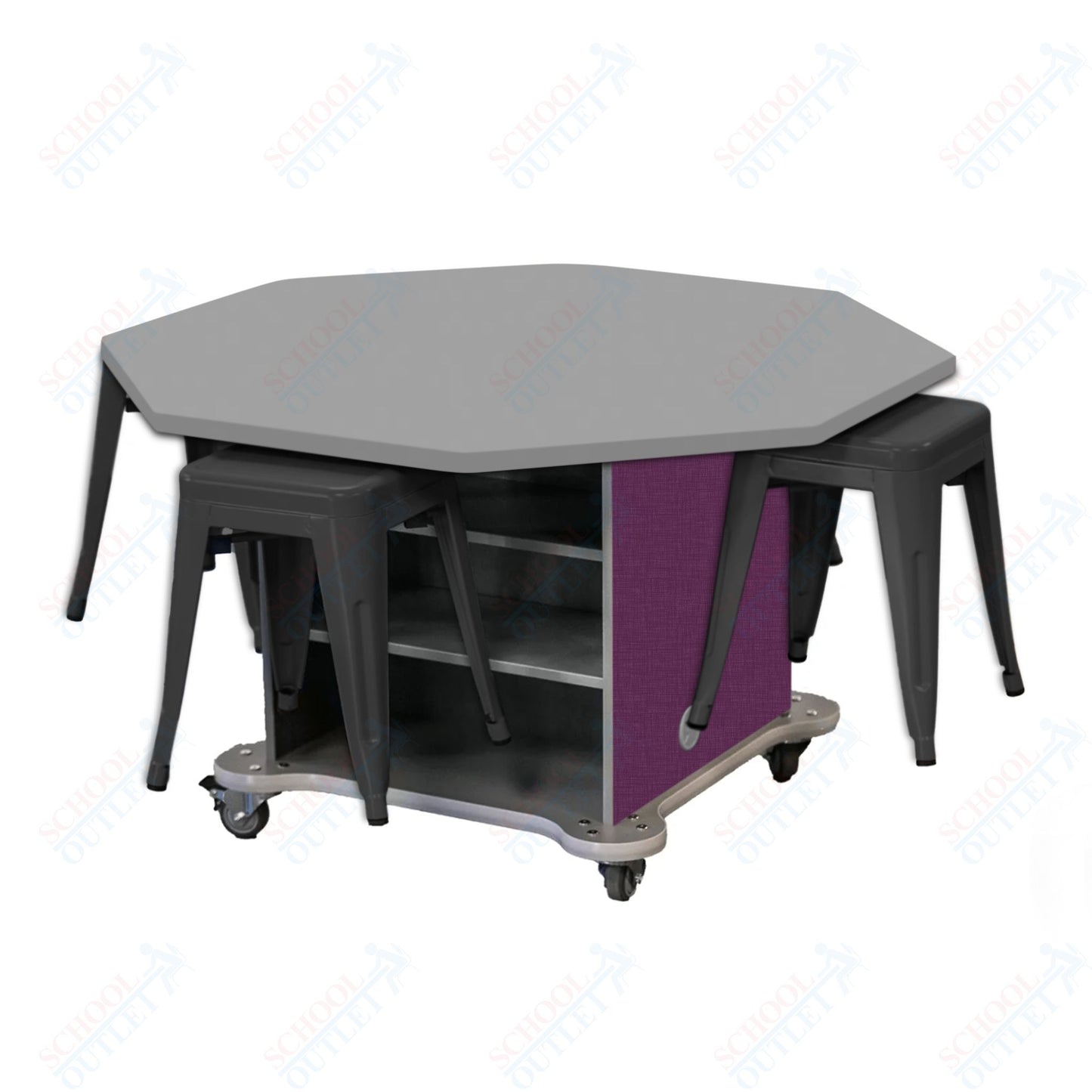 CEF Creation Cube Double-Sided Storage Table - 30"H, High-Pressure Laminate Base and Octagon Top - 4 Metal Stools Included