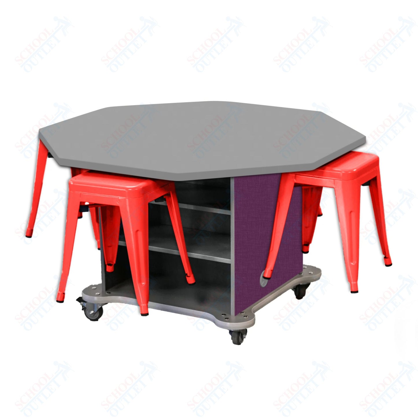 CEF Creation Cube Double-Sided Storage Table - 30"H, High-Pressure Laminate Base and Octagon Top - 4 Metal Stools Included