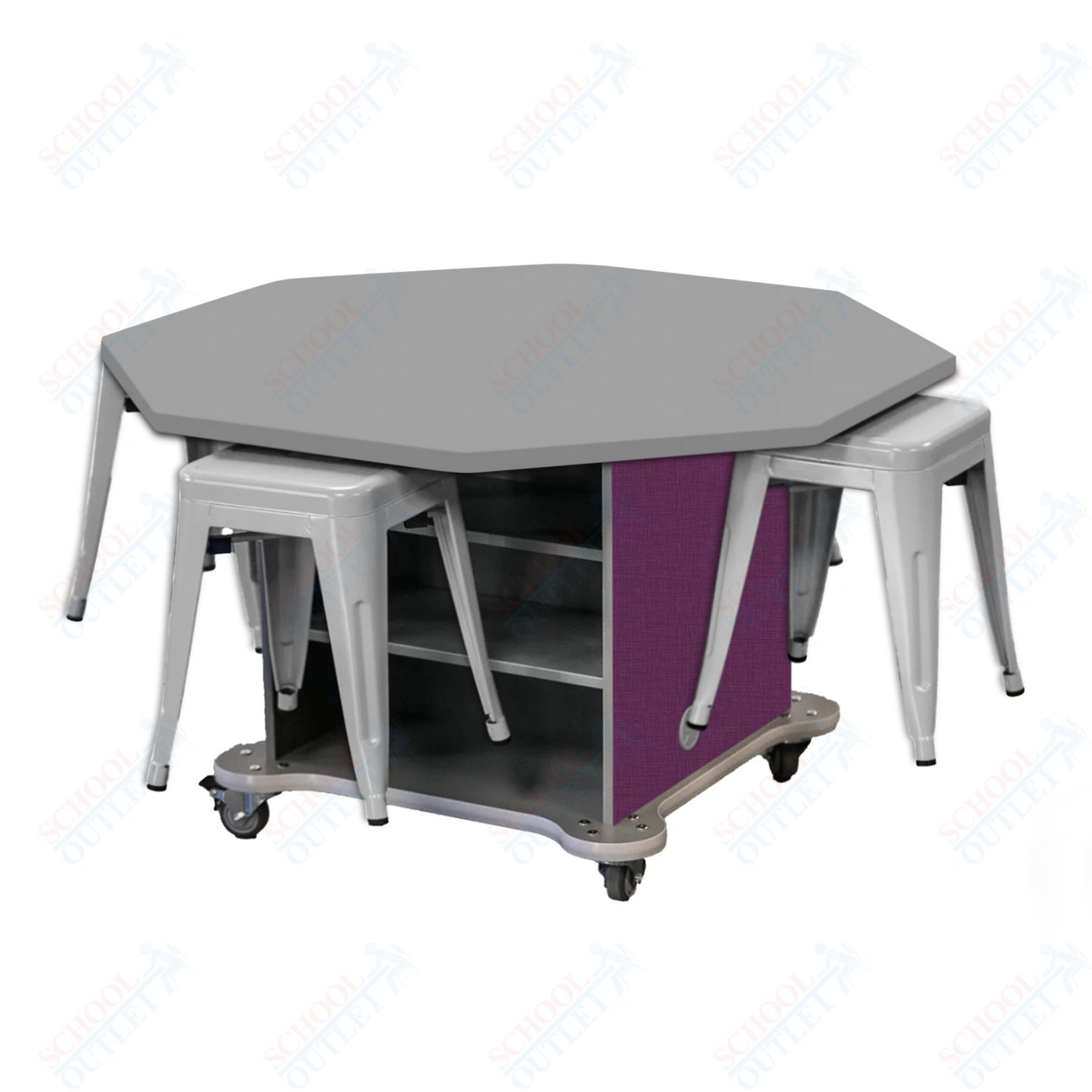 CEF Creation Cube Double-Sided Storage Table - 30"H, High-Pressure Laminate Base and Octagon Top - 4 Metal Stools Included