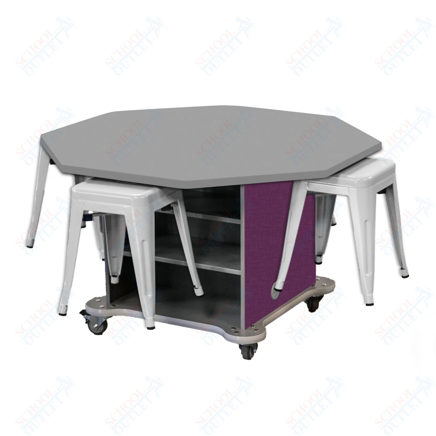 CEF Creation Cube Double-Sided Storage Table - 30"H, High-Pressure Laminate Base and Octagon Top - 4 Metal Stools Included