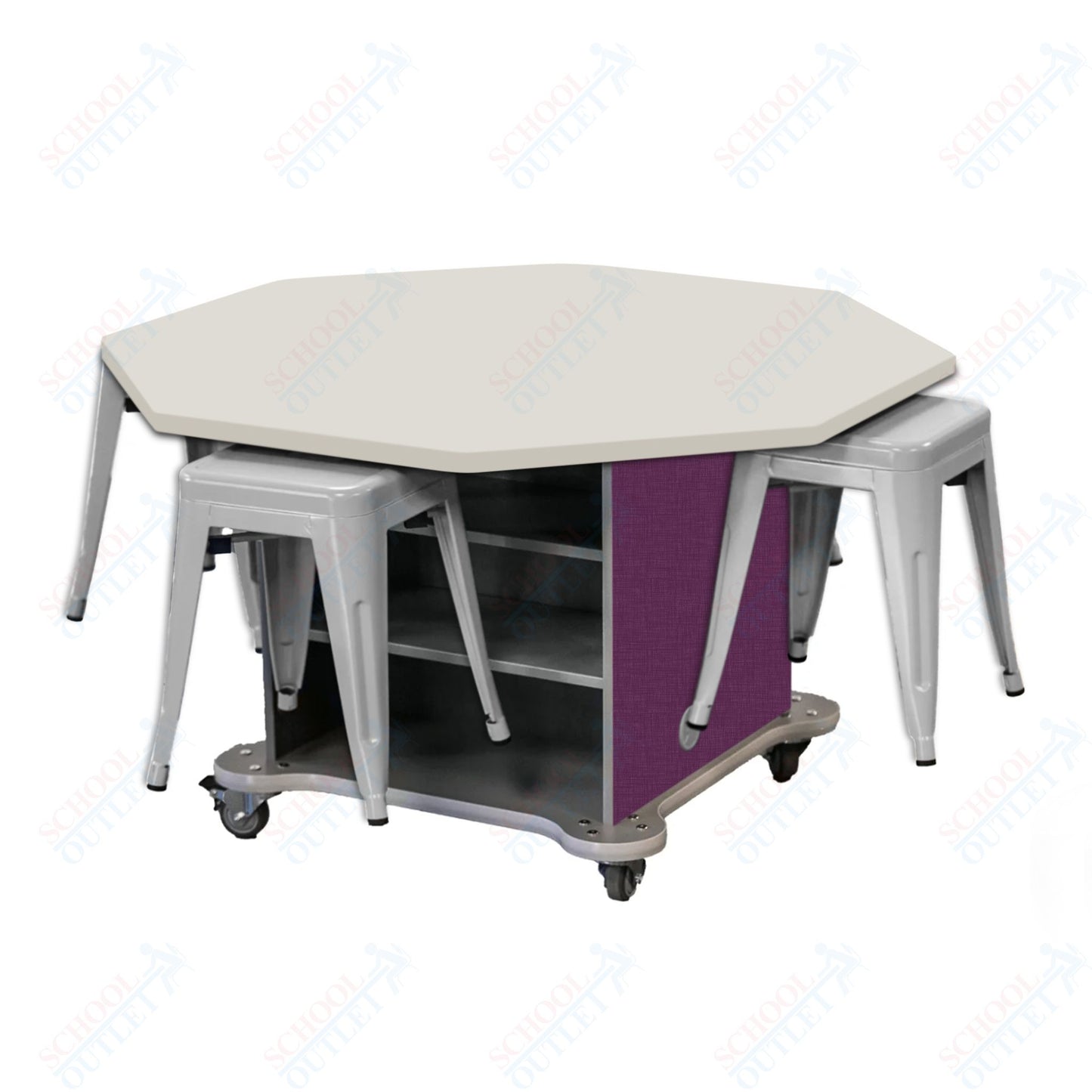 CEF Creation Cube Double-Sided Storage Table - 30"H, High-Pressure Laminate Base and Octagon Top - 4 Metal Stools Included