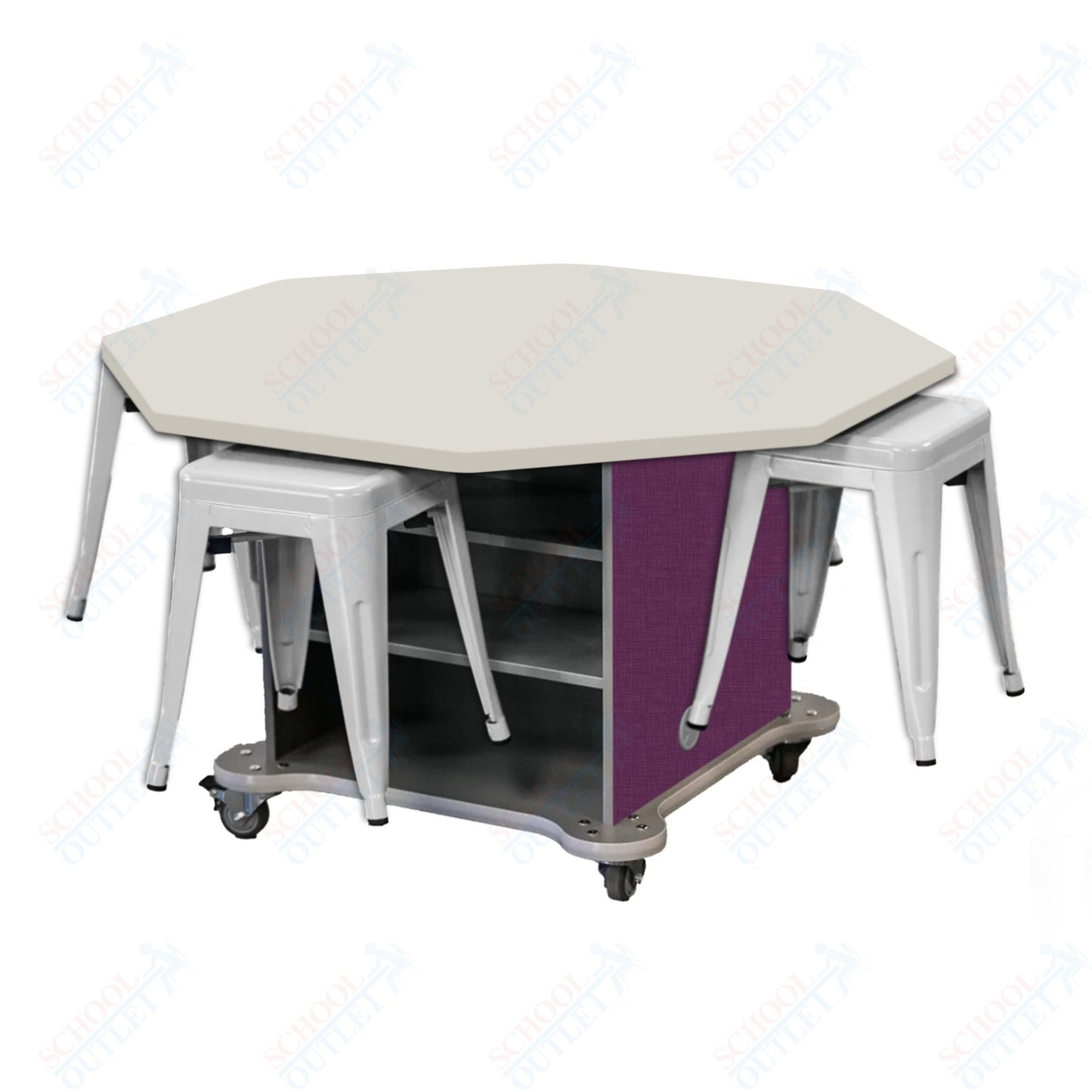 CEF Creation Cube Double-Sided Storage Table - 30"H, High-Pressure Laminate Base and Octagon Top - 4 Metal Stools Included