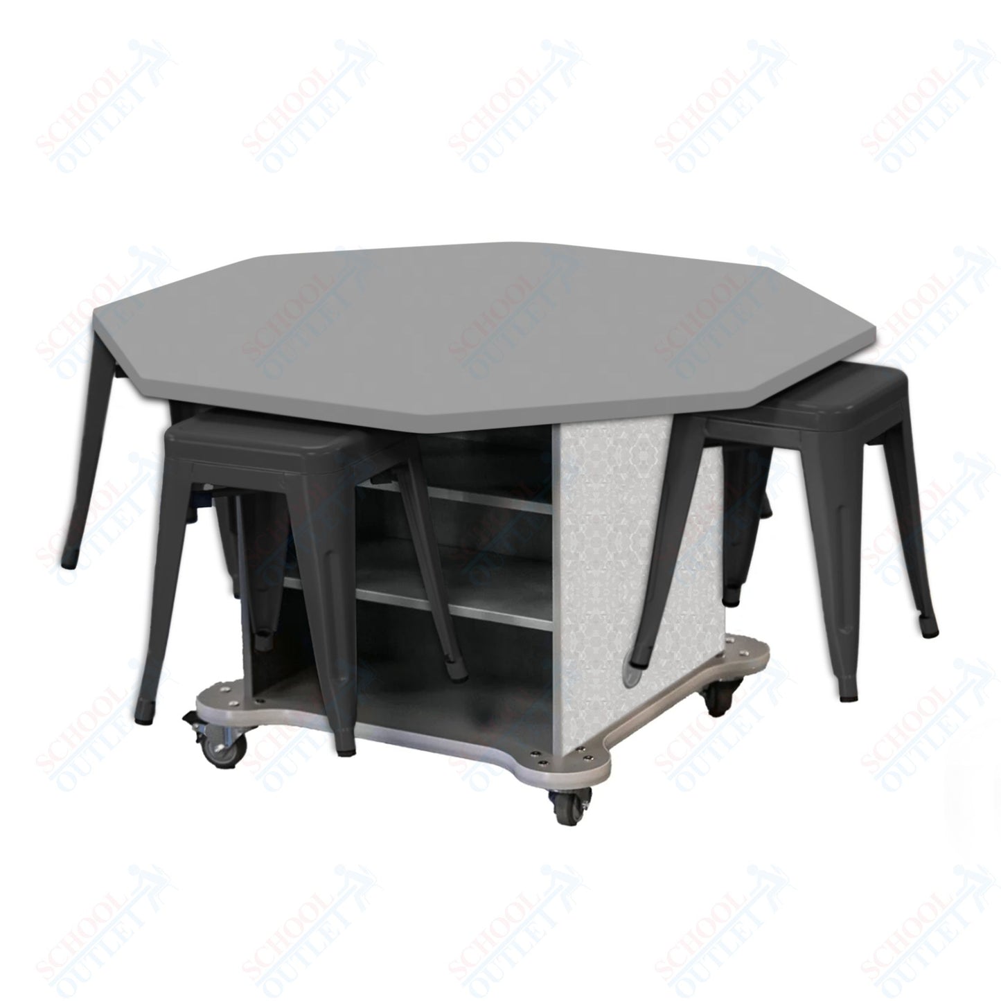 CEF Creation Cube Double-Sided Storage Table - 30"H, High-Pressure Laminate Base and Octagon Top - 4 Metal Stools Included