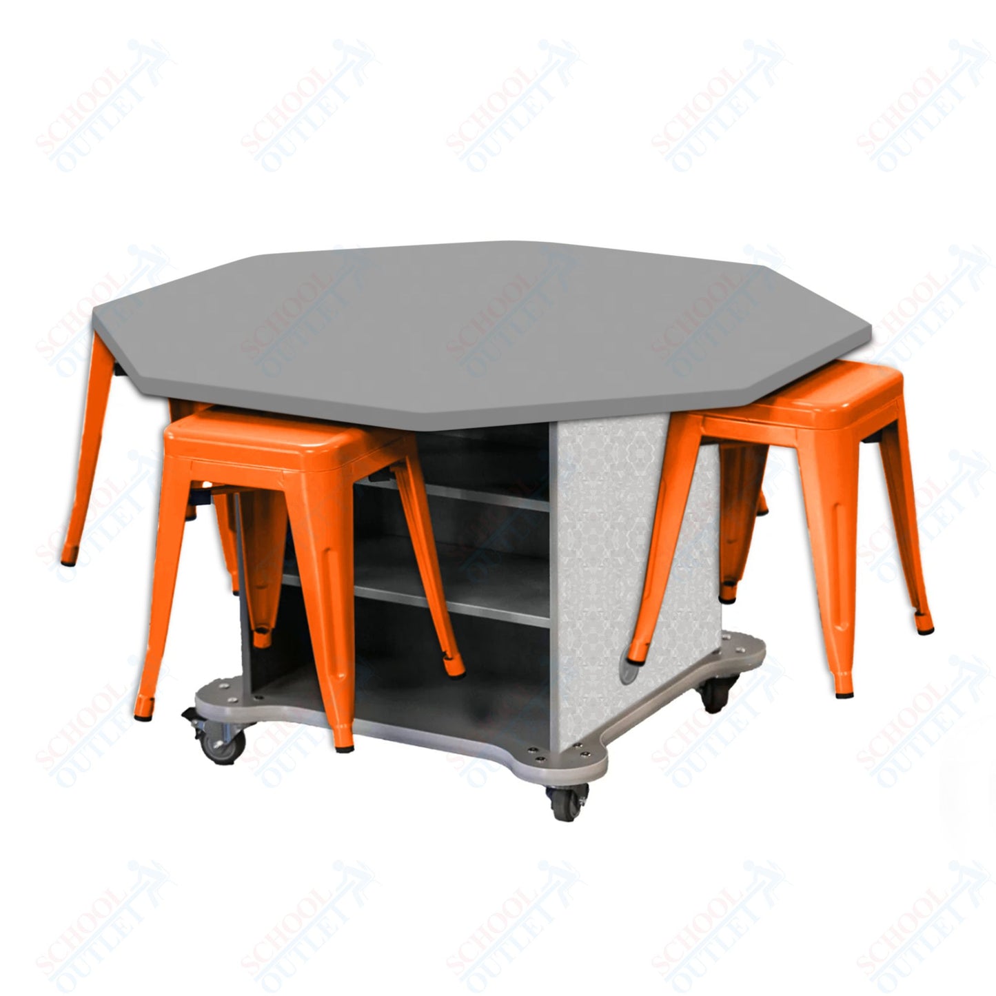 CEF Creation Cube Double-Sided Storage Table - 30"H, High-Pressure Laminate Base and Octagon Top - 4 Metal Stools Included