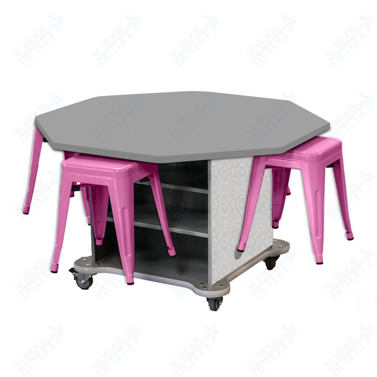 CEF Creation Cube Double-Sided Storage Table - 30"H, High-Pressure Laminate Base and Octagon Top - 4 Metal Stools Included