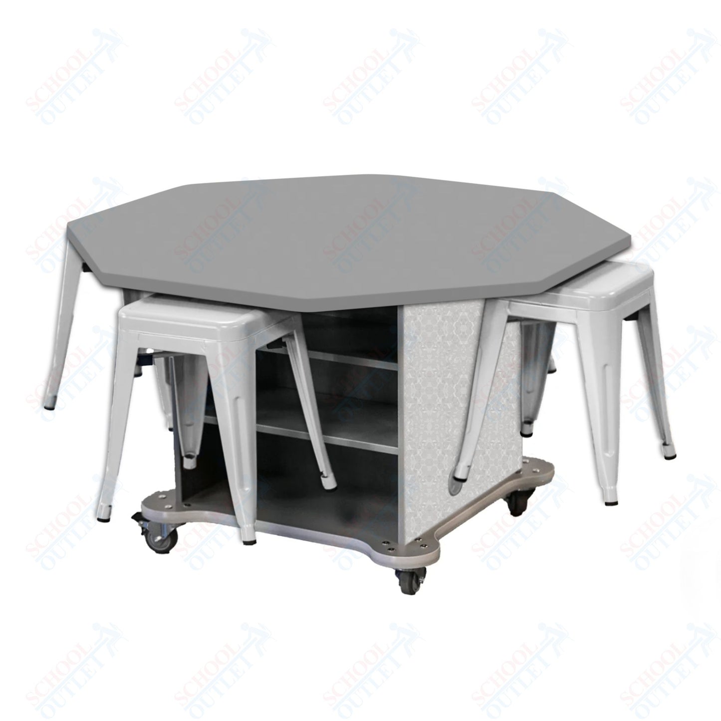 CEF Creation Cube Double-Sided Storage Table - 30"H, High-Pressure Laminate Base and Octagon Top - 4 Metal Stools Included