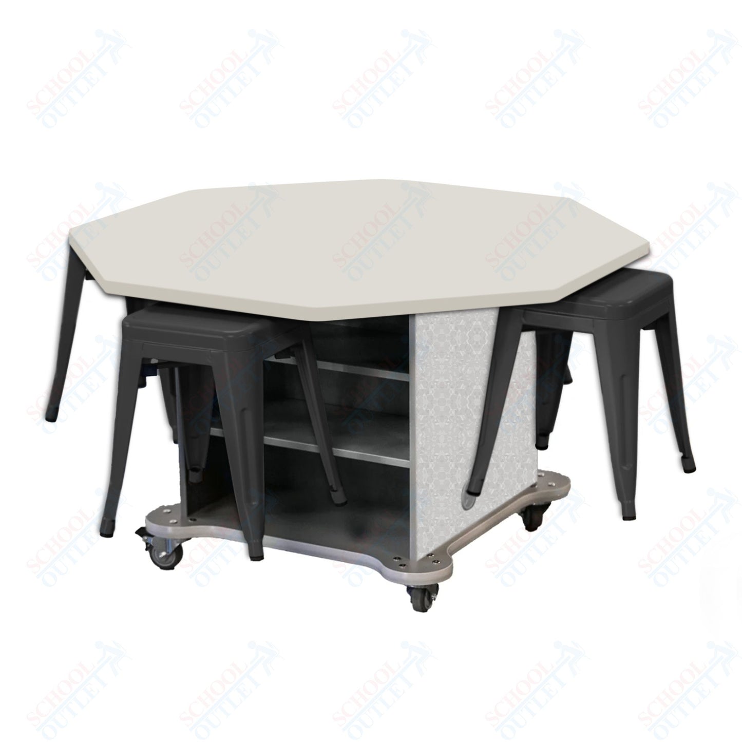 CEF Creation Cube Double-Sided Storage Table - 30"H, High-Pressure Laminate Base and Octagon Top - 4 Metal Stools Included