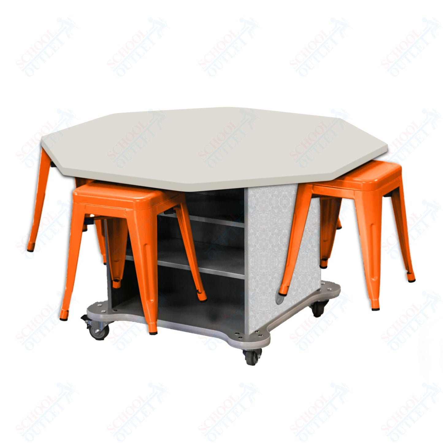 CEF Creation Cube Double-Sided Storage Table - 30"H, High-Pressure Laminate Base and Octagon Top - 4 Metal Stools Included