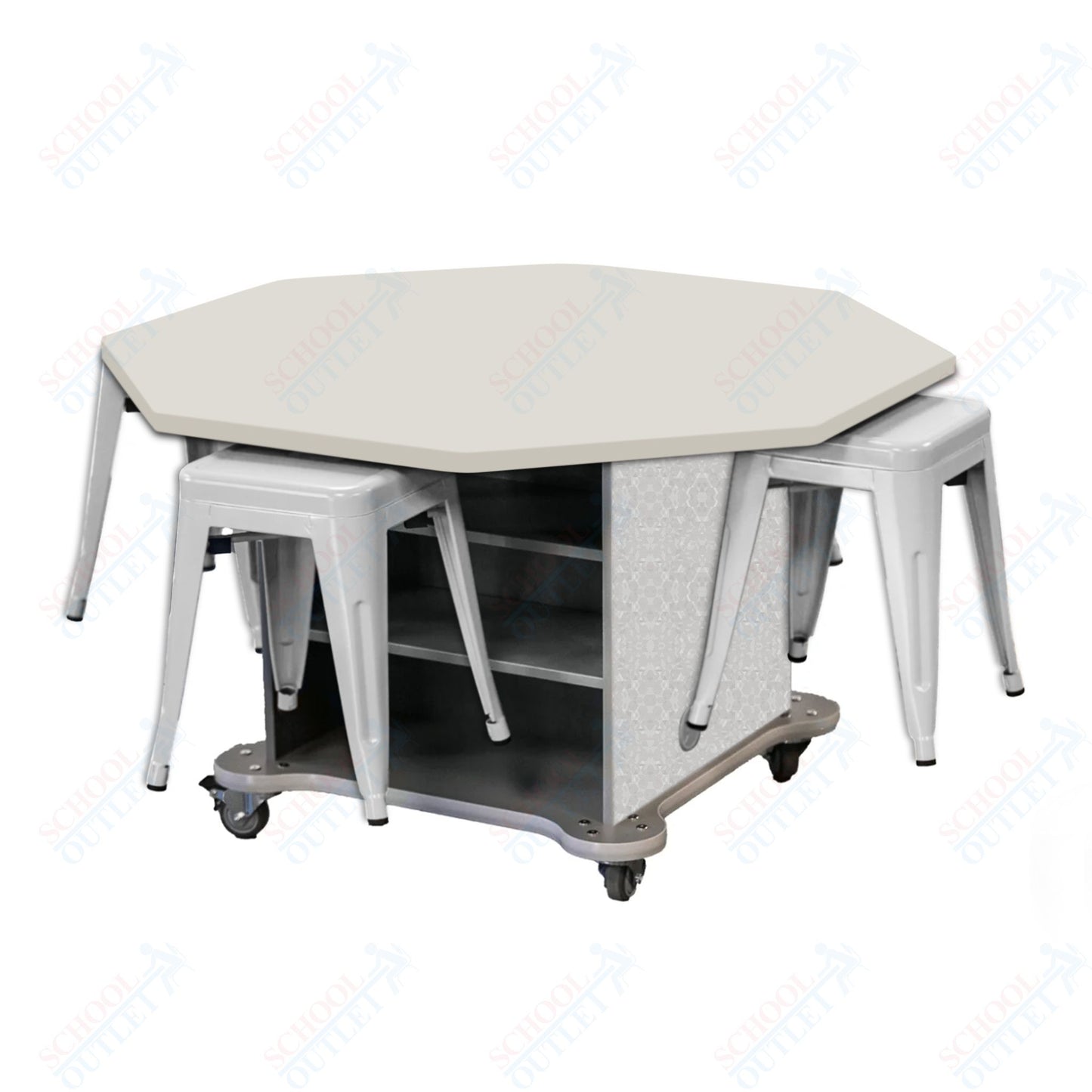 CEF Creation Cube Double-Sided Storage Table - 30"H, High-Pressure Laminate Base and Octagon Top - 4 Metal Stools Included