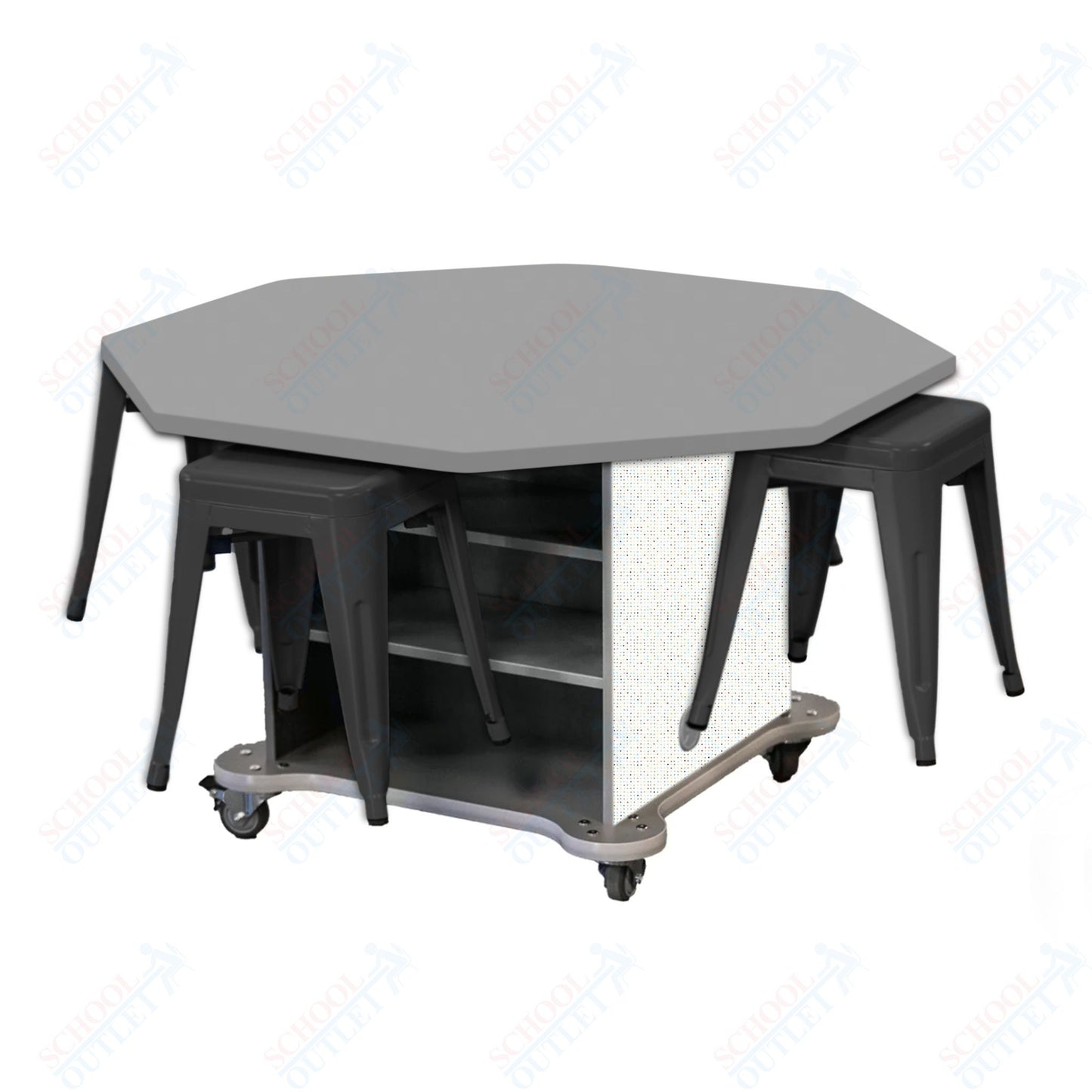 CEF Creation Cube Double-Sided Storage Table - 30"H, High-Pressure Laminate Base and Octagon Top - 4 Metal Stools Included