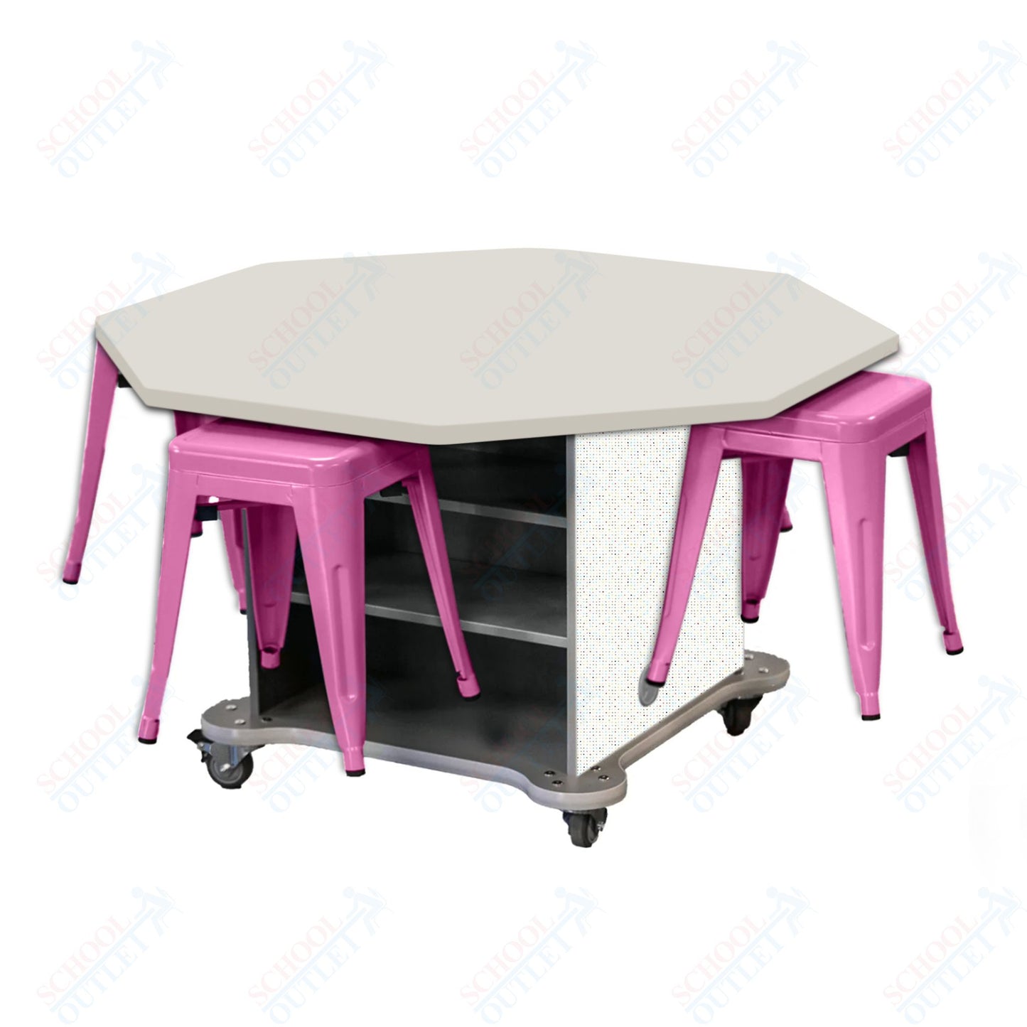 CEF Creation Cube Double-Sided Storage Table - 30"H, High-Pressure Laminate Base and Octagon Top - 4 Metal Stools Included