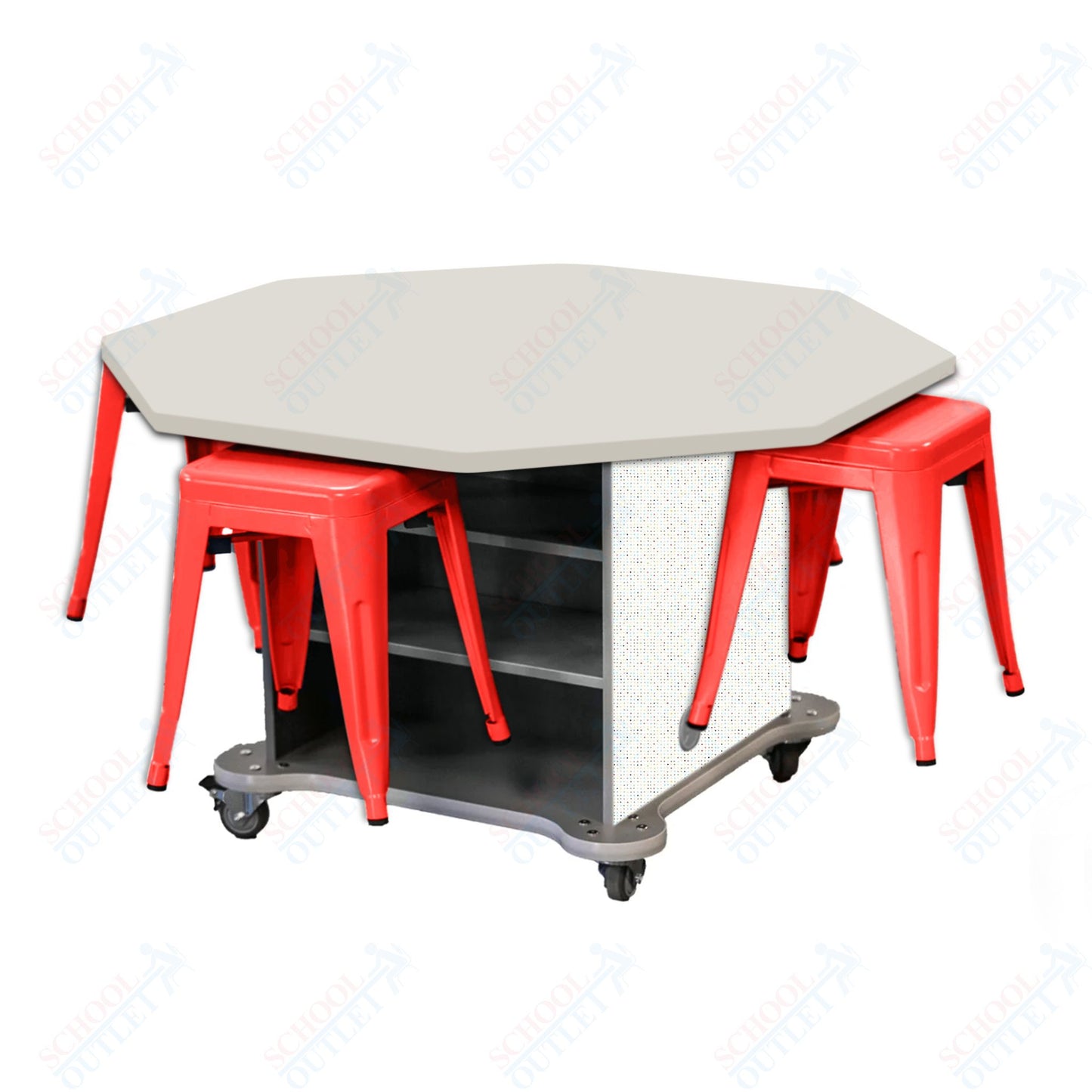 CEF Creation Cube Double-Sided Storage Table - 30"H, High-Pressure Laminate Base and Octagon Top - 4 Metal Stools Included