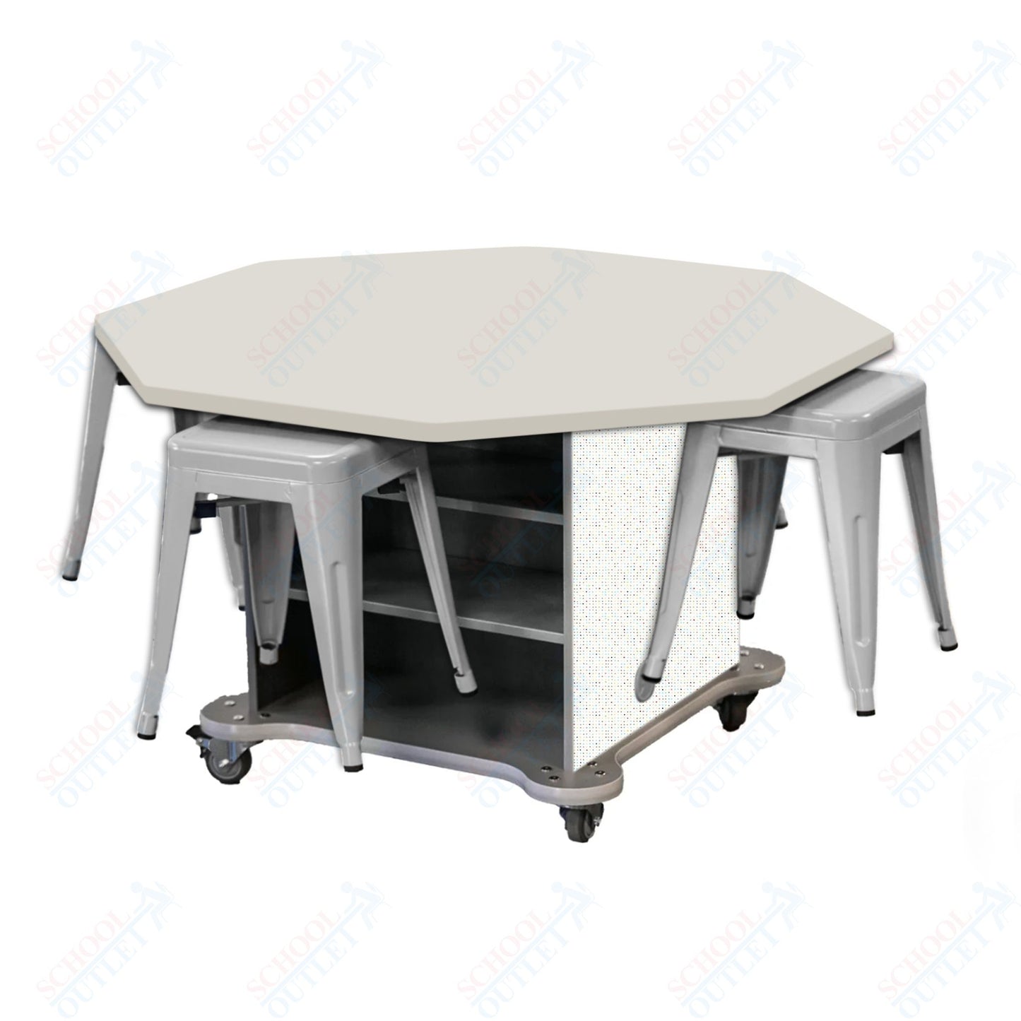 CEF Creation Cube Double-Sided Storage Table - 30"H, High-Pressure Laminate Base and Octagon Top - 4 Metal Stools Included