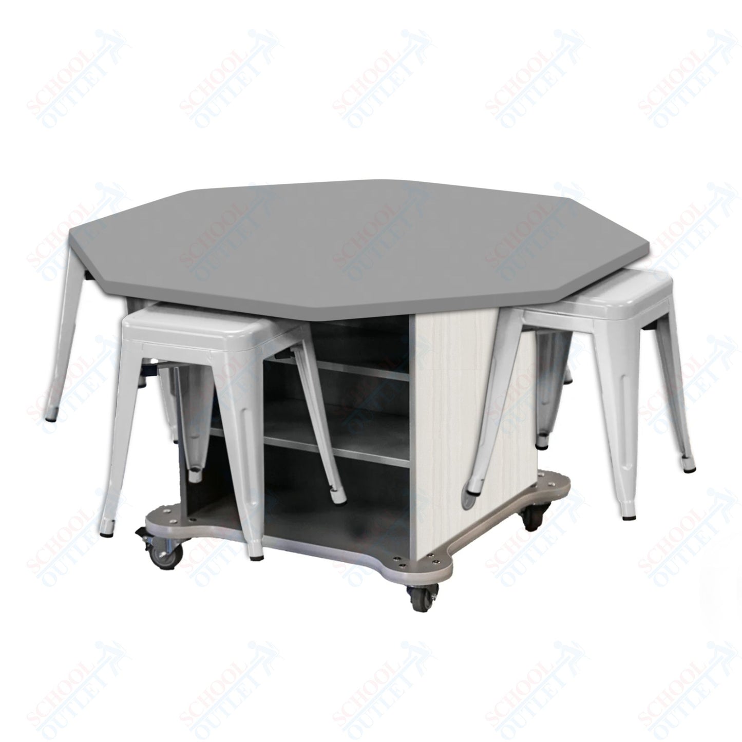 CEF Creation Cube Double-Sided Storage Table - 30"H, High-Pressure Laminate Base and Octagon Top - 4 Metal Stools Included