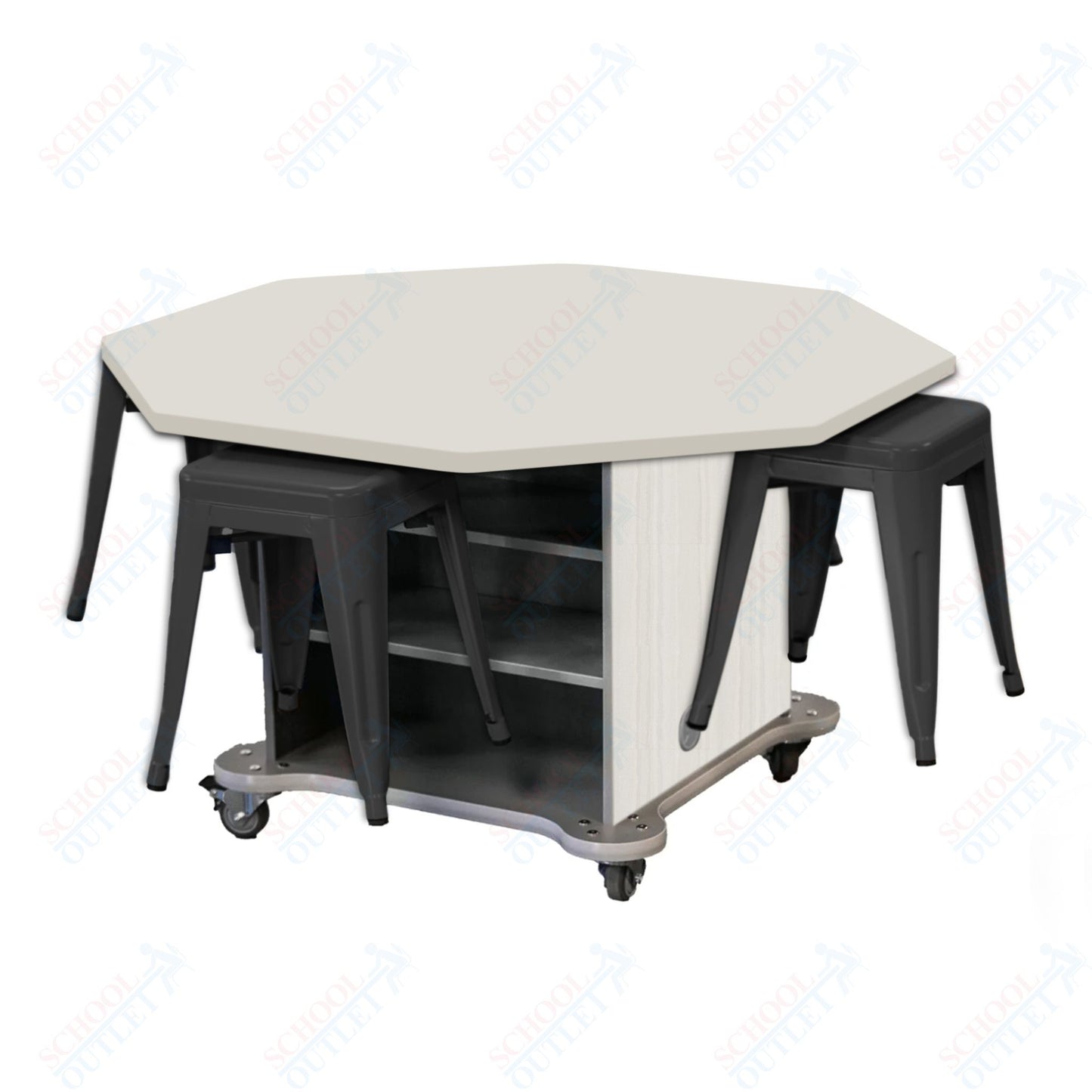 CEF Creation Cube Double-Sided Storage Table - 30"H, High-Pressure Laminate Base and Octagon Top - 4 Metal Stools Included