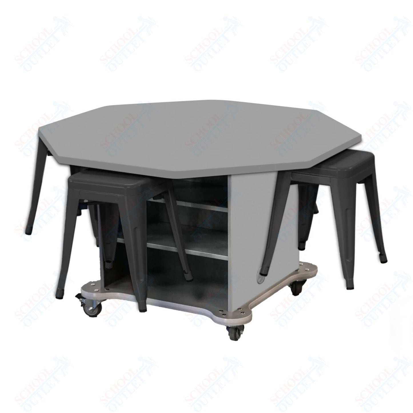 CEF Creation Cube Double-Sided Storage Table - 30"H, High-Pressure Laminate Base and Octagon Top - 4 Metal Stools Included