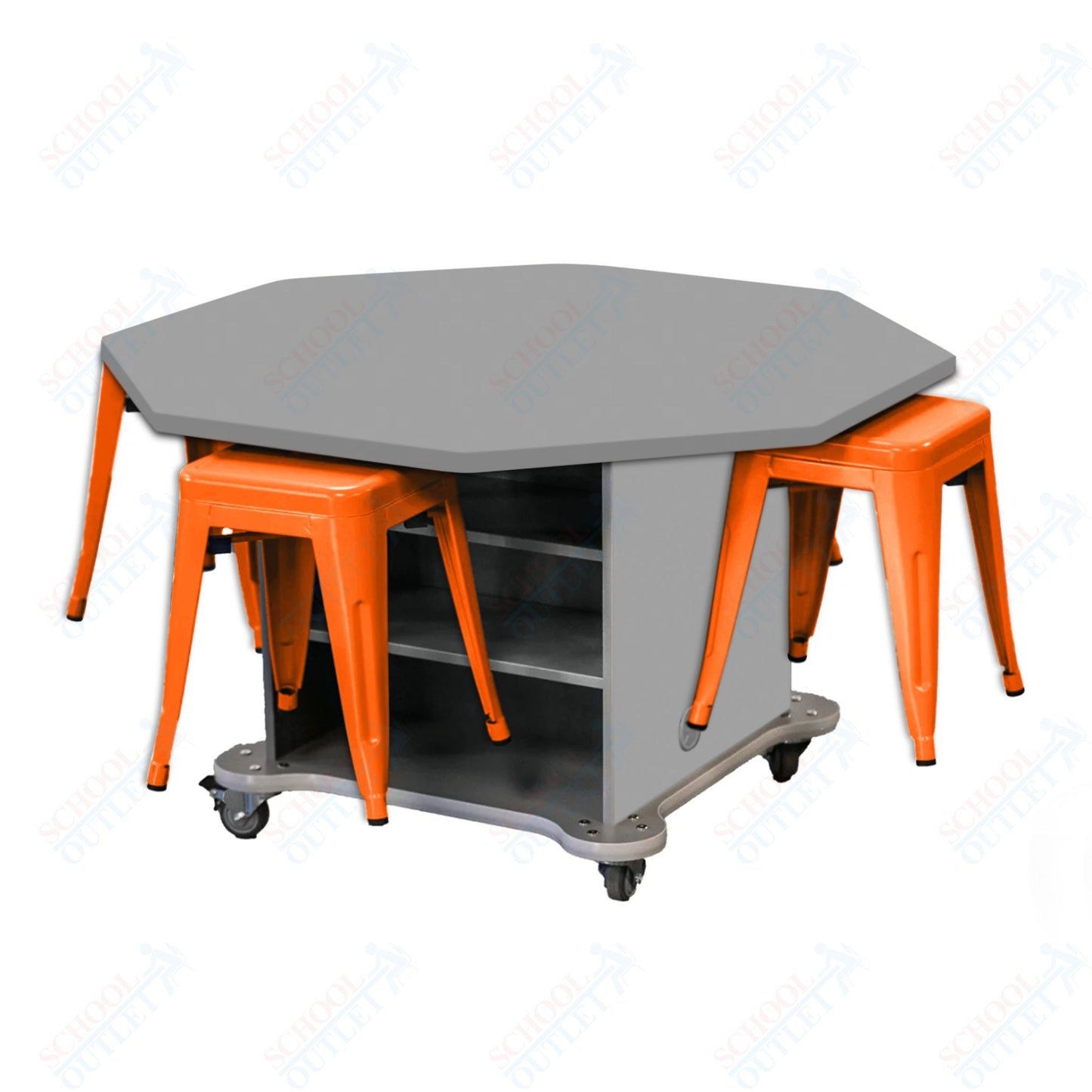 CEF Creation Cube Double-Sided Storage Table - 30"H, High-Pressure Laminate Base and Octagon Top - 4 Metal Stools Included