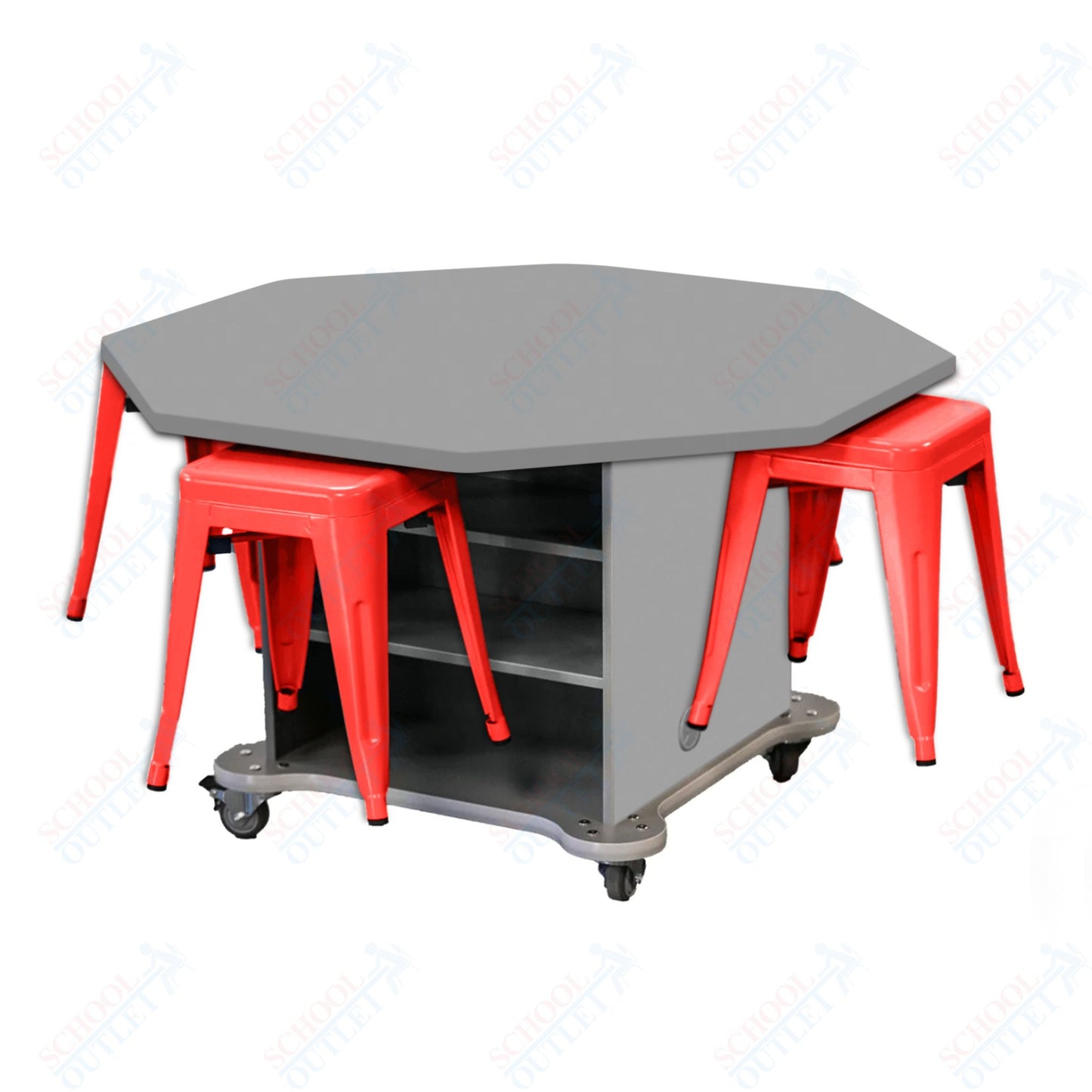 CEF Creation Cube Double-Sided Storage Table - 30"H, High-Pressure Laminate Base and Octagon Top - 4 Metal Stools Included