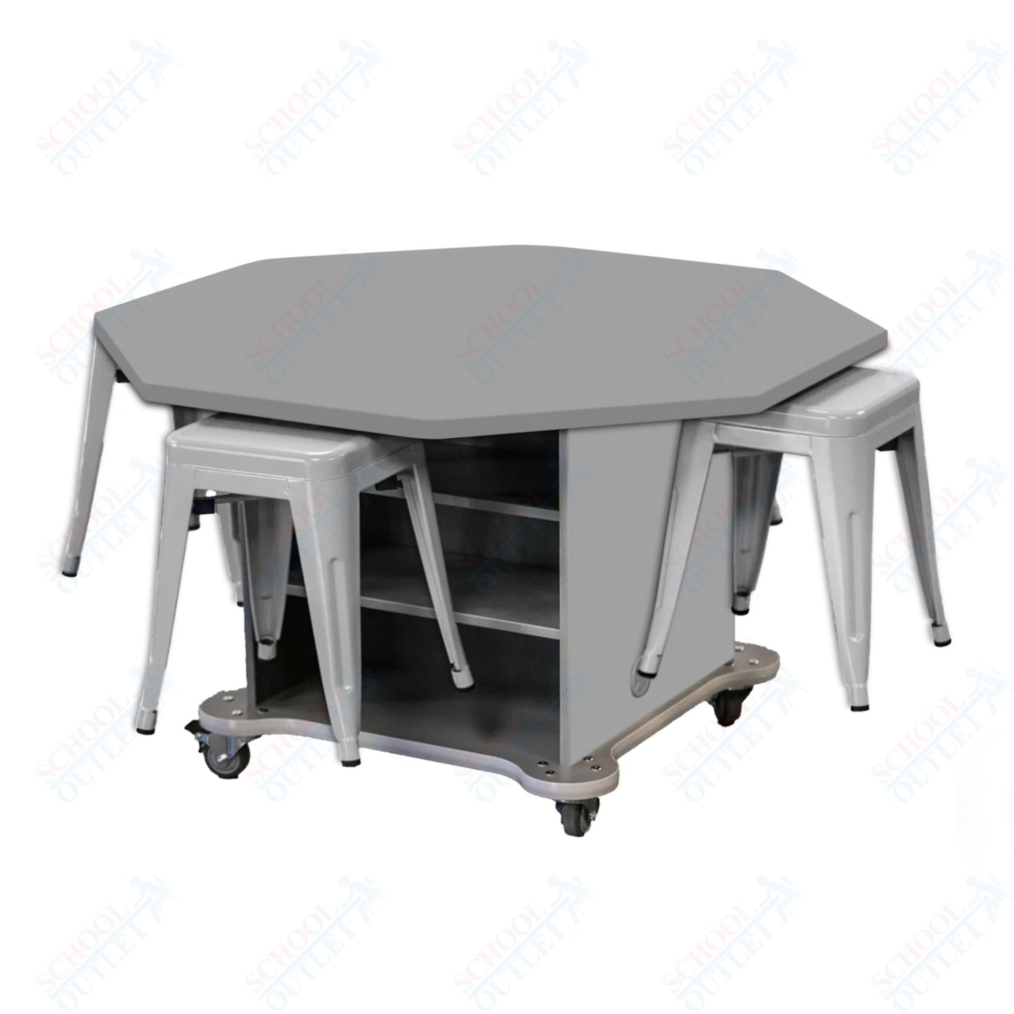 CEF Creation Cube Double-Sided Storage Table - 30"H, High-Pressure Laminate Base and Octagon Top - 4 Metal Stools Included