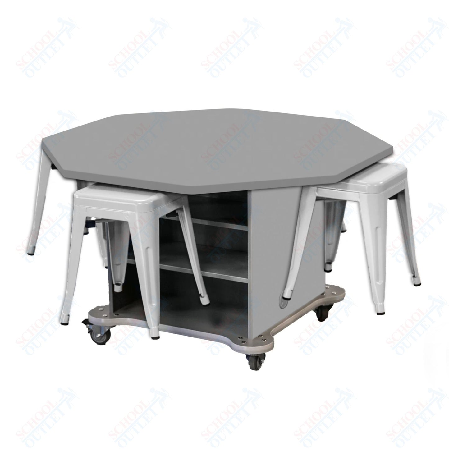 CEF Creation Cube Double-Sided Storage Table - 30"H, High-Pressure Laminate Base and Octagon Top - 4 Metal Stools Included