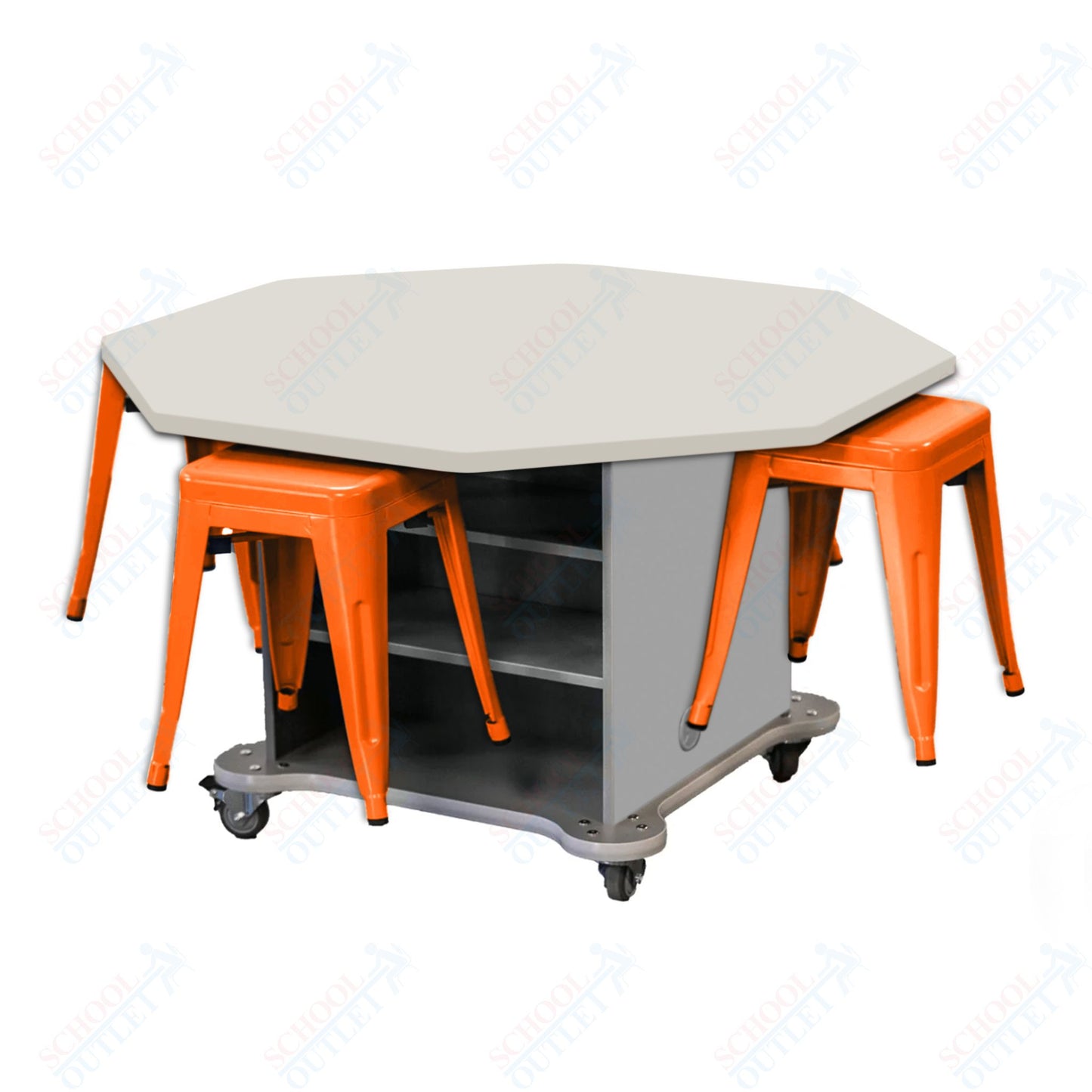 CEF Creation Cube Double-Sided Storage Table - 30"H, High-Pressure Laminate Base and Octagon Top - 4 Metal Stools Included