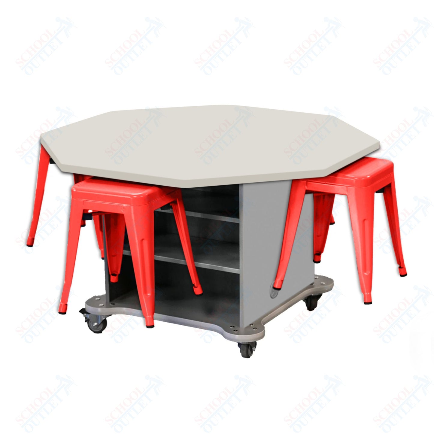 CEF Creation Cube Double-Sided Storage Table - 30"H, High-Pressure Laminate Base and Octagon Top - 4 Metal Stools Included