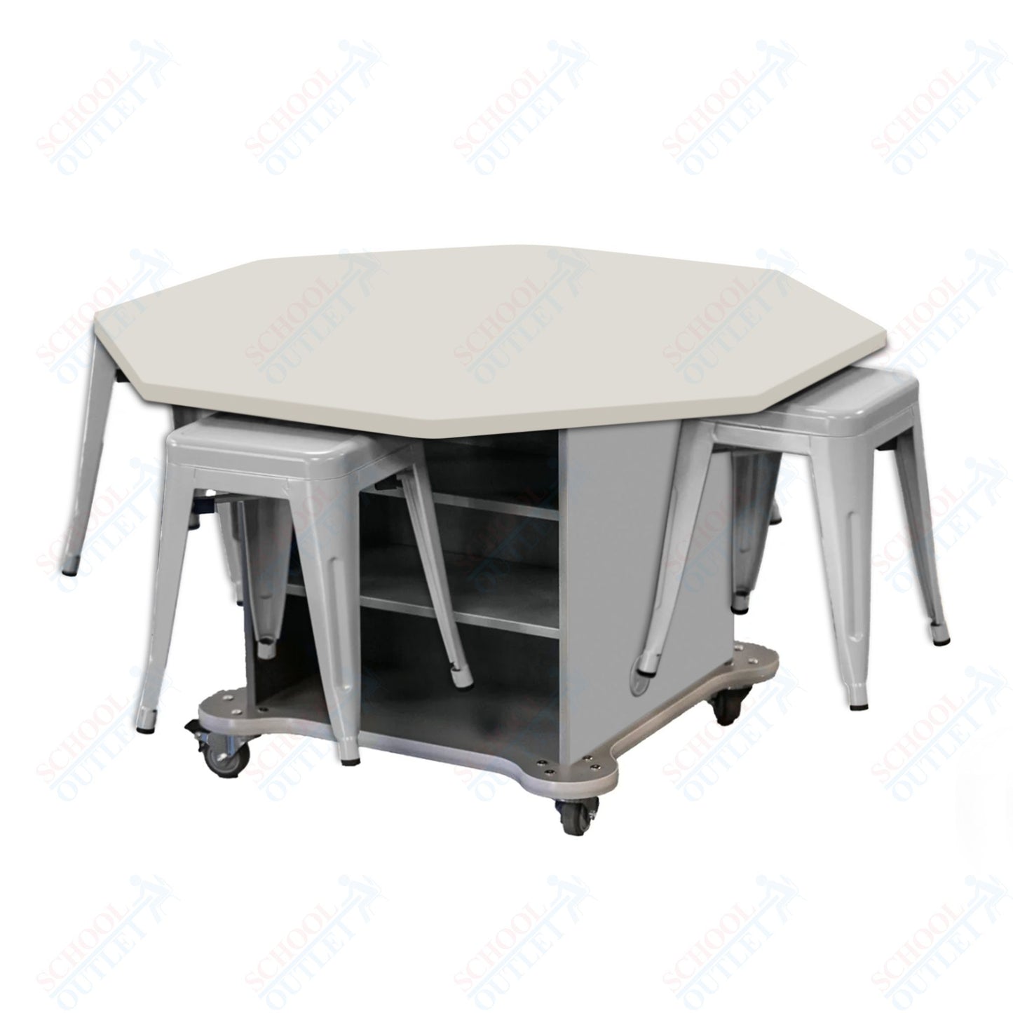 CEF Creation Cube Double-Sided Storage Table - 30"H, High-Pressure Laminate Base and Octagon Top - 4 Metal Stools Included