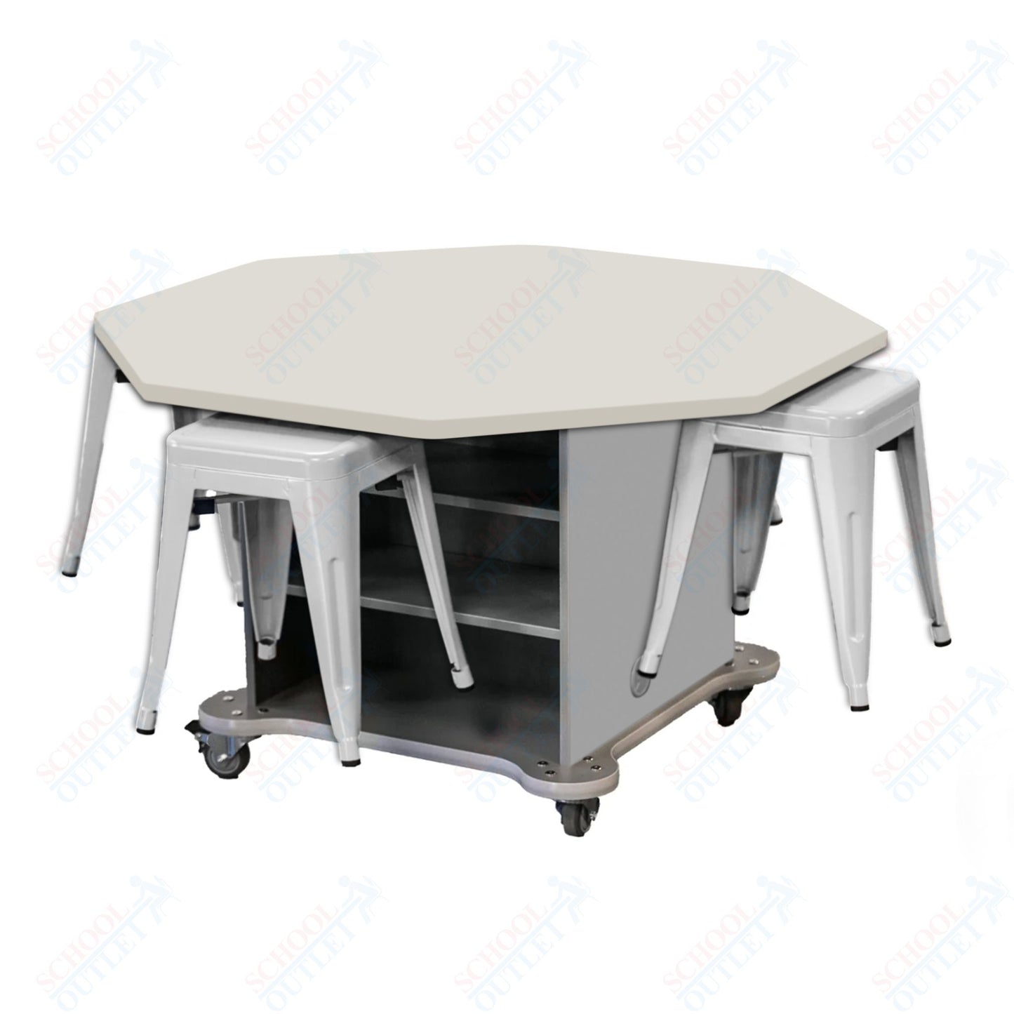 CEF Creation Cube Double-Sided Storage Table - 30"H, High-Pressure Laminate Base and Octagon Top - 4 Metal Stools Included