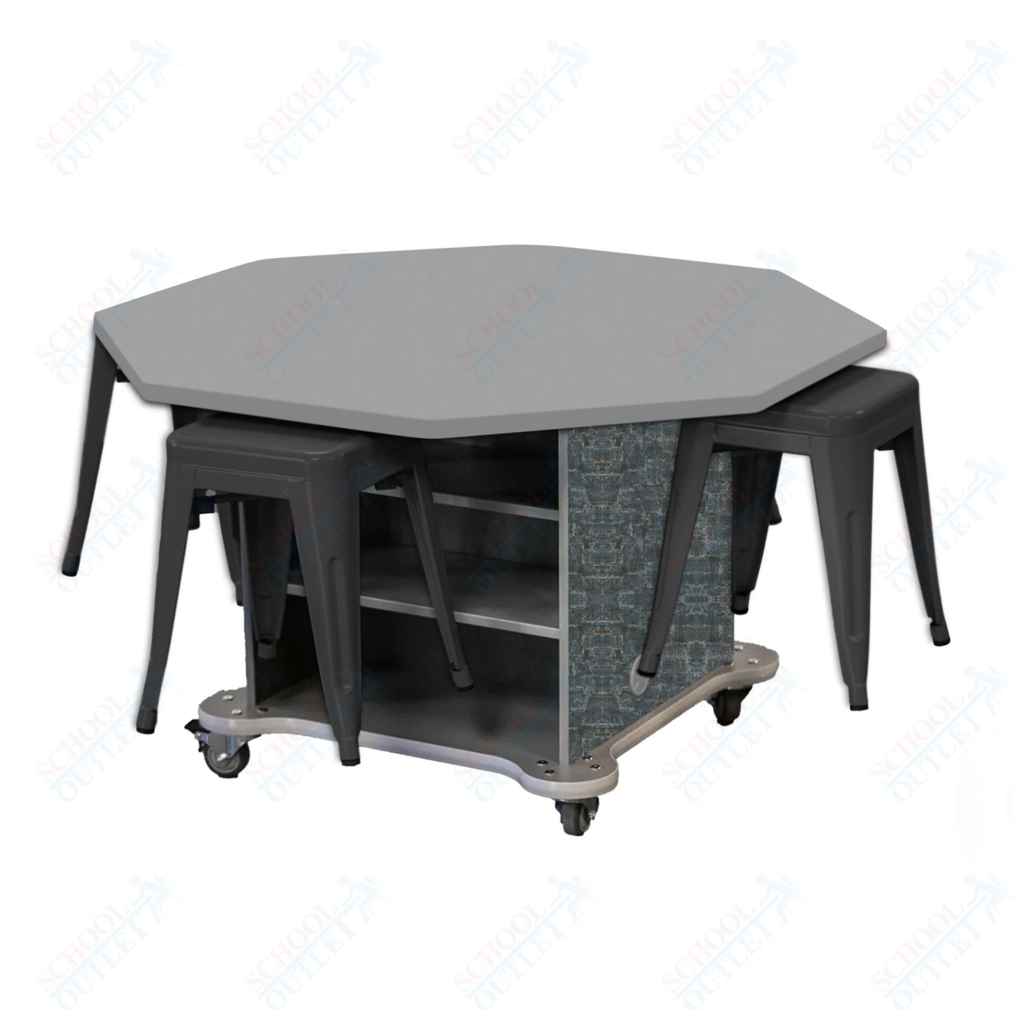 CEF Creation Cube Double-Sided Storage Table - 30"H, High-Pressure Laminate Base and Octagon Top - 4 Metal Stools Included