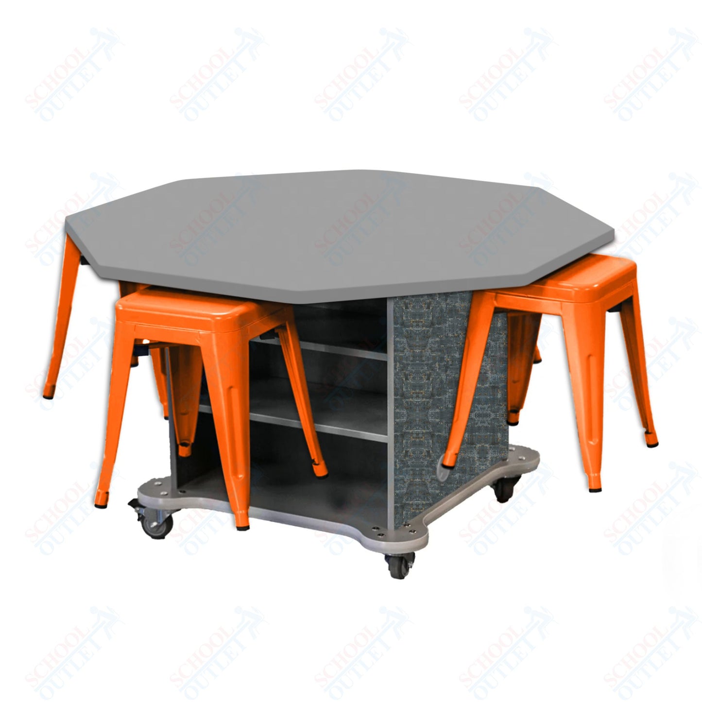 CEF Creation Cube Double-Sided Storage Table - 30"H, High-Pressure Laminate Base and Octagon Top - 4 Metal Stools Included