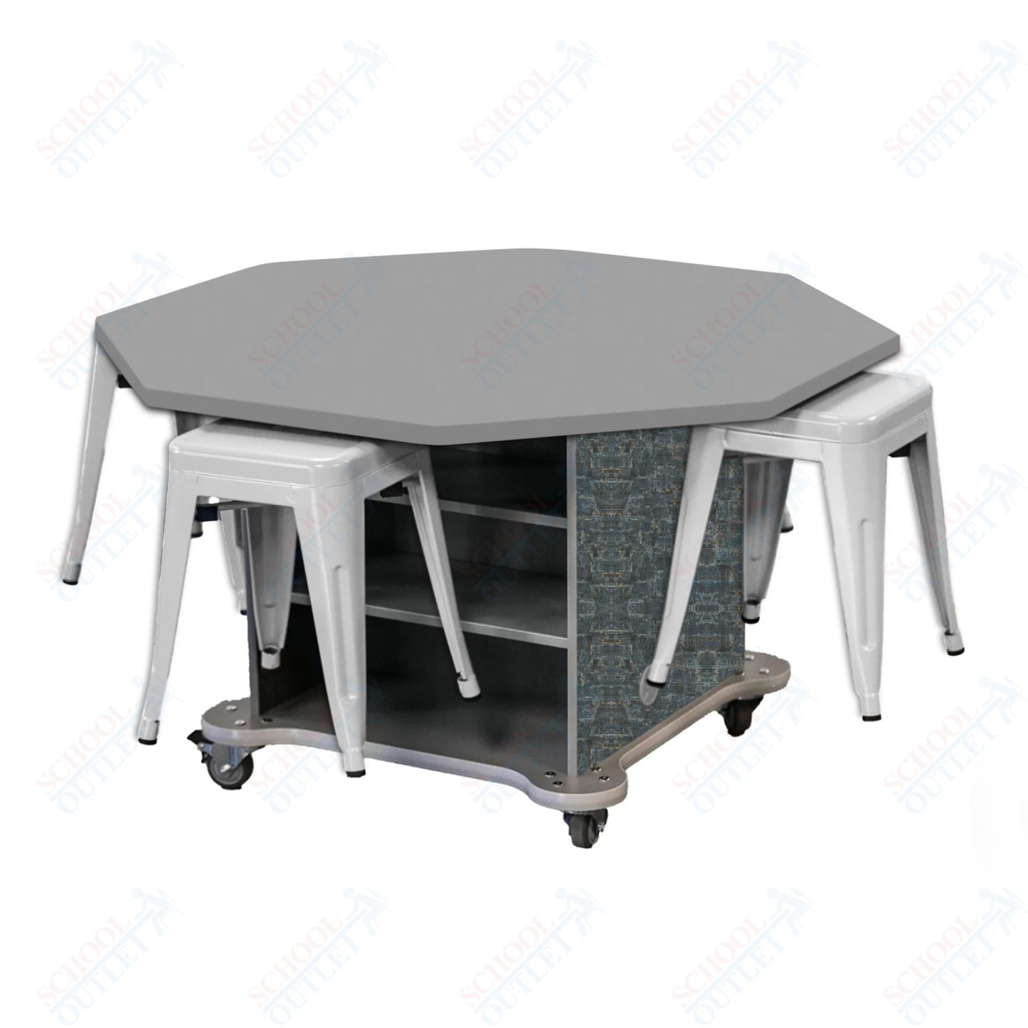 CEF Creation Cube Double-Sided Storage Table - 30"H, High-Pressure Laminate Base and Octagon Top - 4 Metal Stools Included