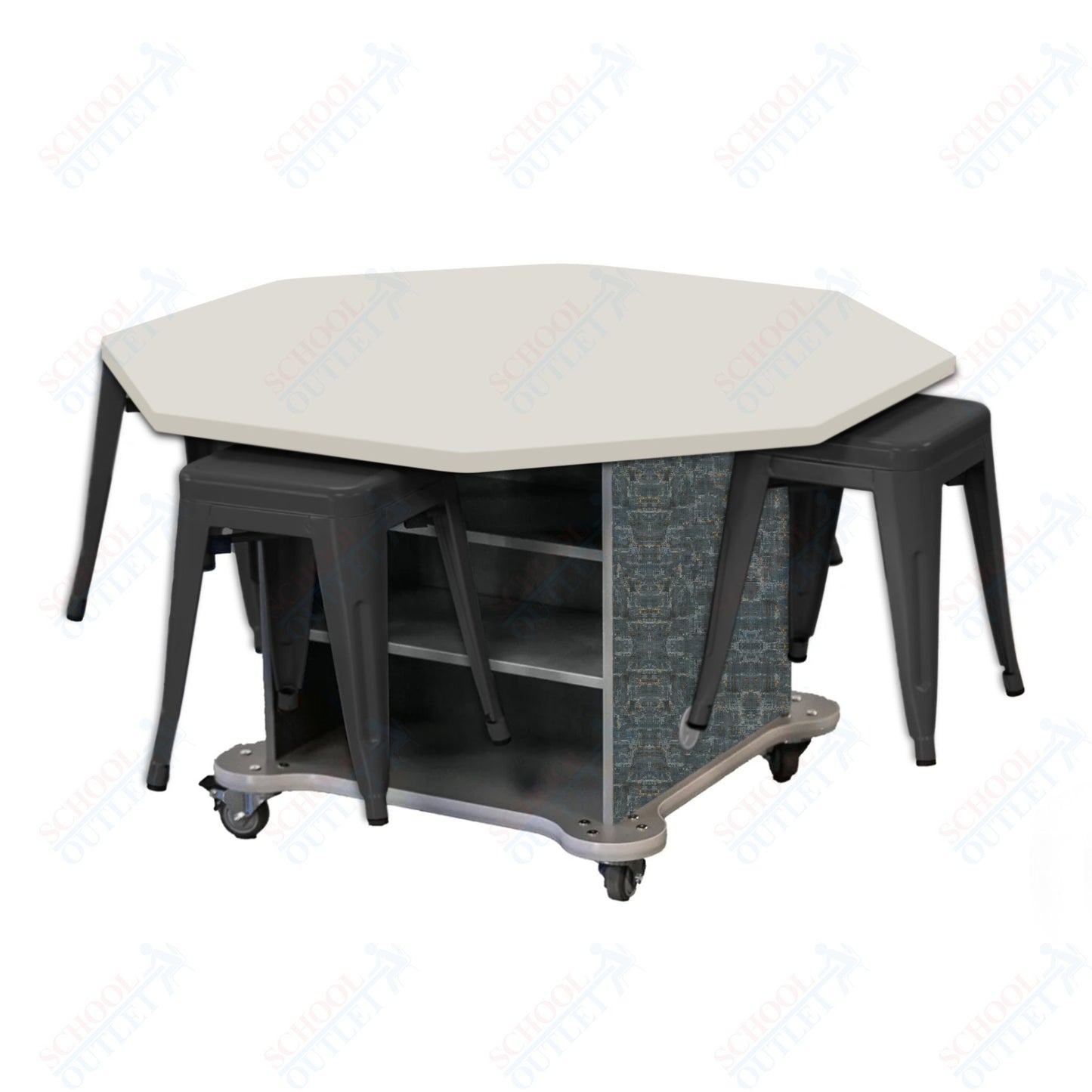 CEF Creation Cube Double-Sided Storage Table - 30"H, High-Pressure Laminate Base and Octagon Top - 4 Metal Stools Included