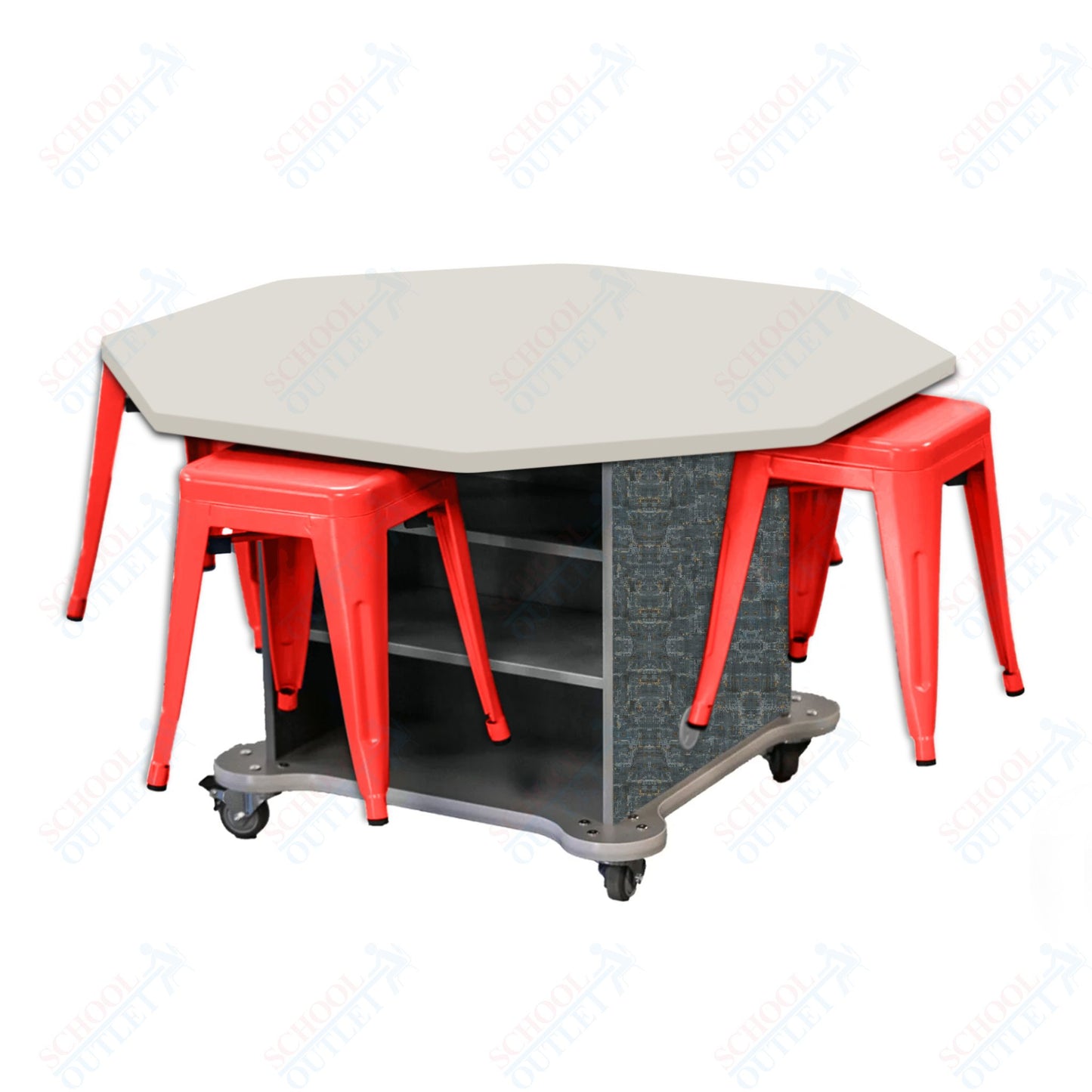 CEF Creation Cube Double-Sided Storage Table - 30"H, High-Pressure Laminate Base and Octagon Top - 4 Metal Stools Included