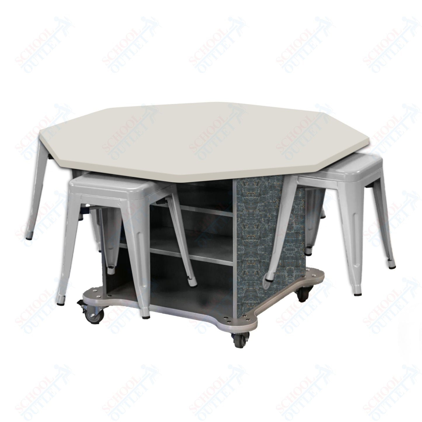 CEF Creation Cube Double-Sided Storage Table - 30"H, High-Pressure Laminate Base and Octagon Top - 4 Metal Stools Included