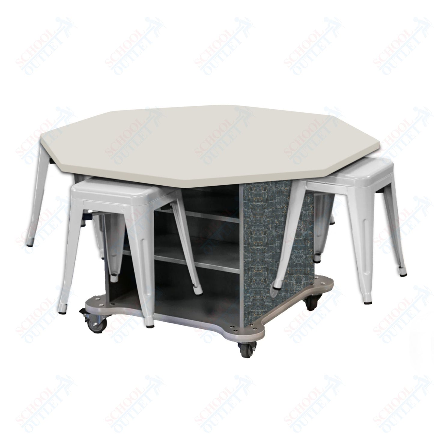 CEF Creation Cube Double-Sided Storage Table - 30"H, High-Pressure Laminate Base and Octagon Top - 4 Metal Stools Included