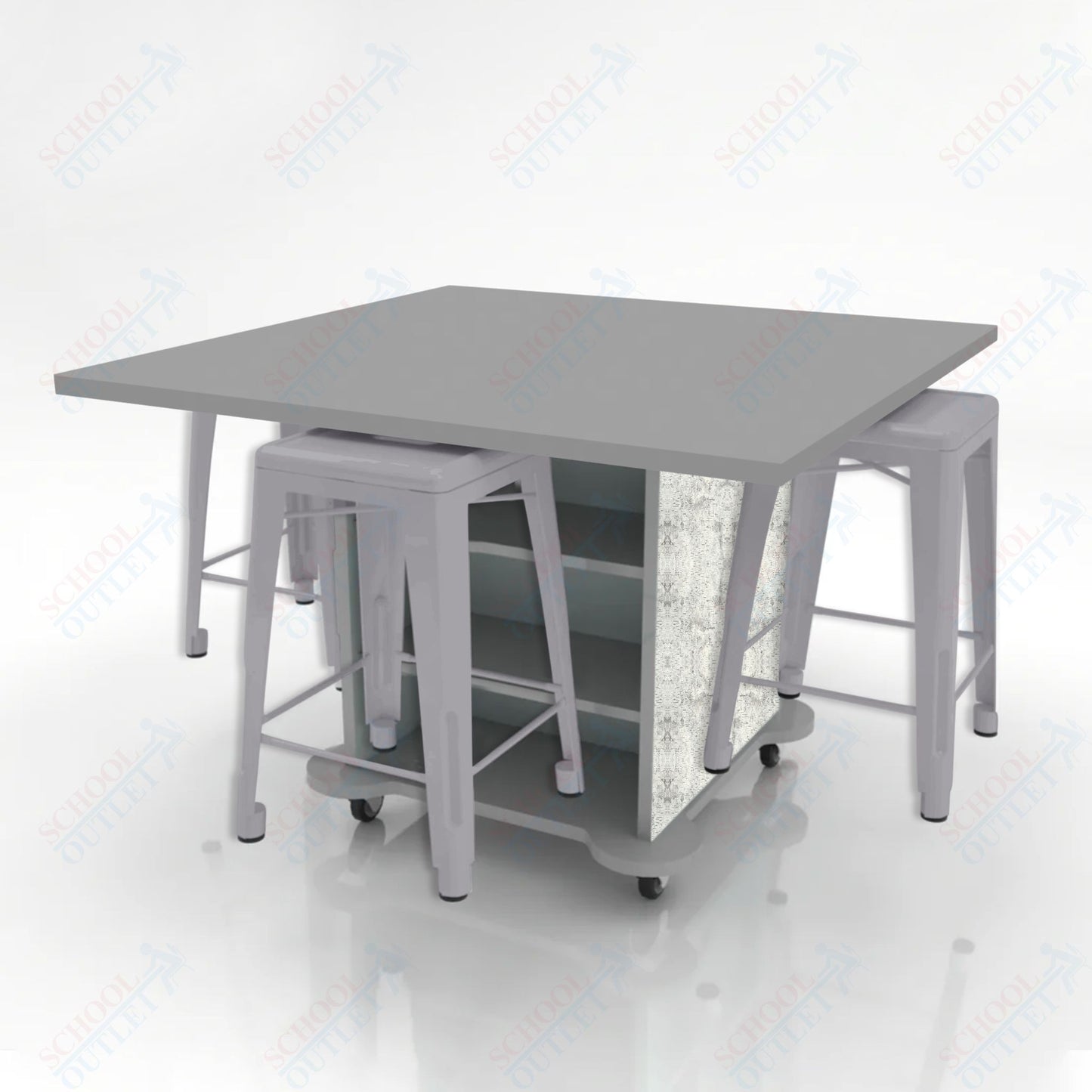 CEF Creation Cube Double-Sided Storage Table - 34"H, High-Pressure Laminate Base and Square Top - 4 Metal Stools Included