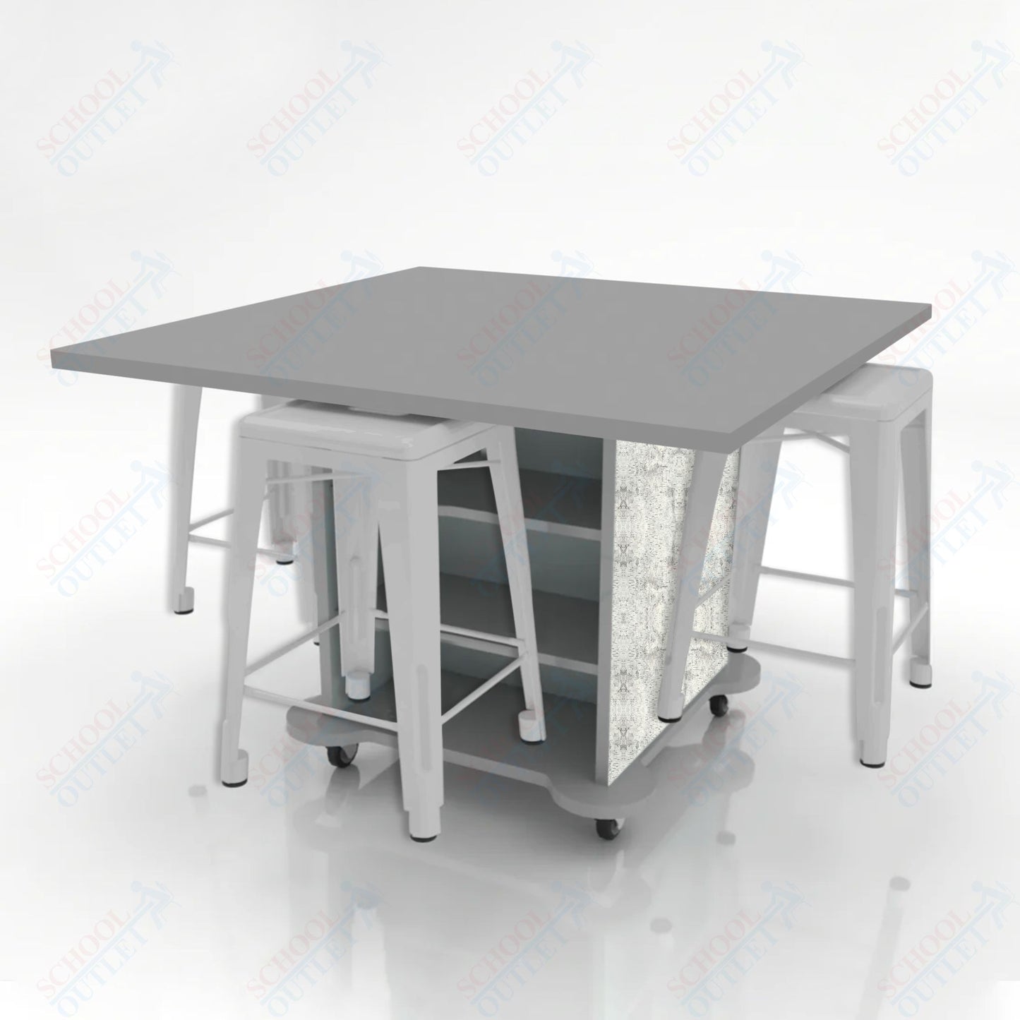 CEF Creation Cube Double-Sided Storage Table - 34"H, High-Pressure Laminate Base and Square Top - 4 Metal Stools Included