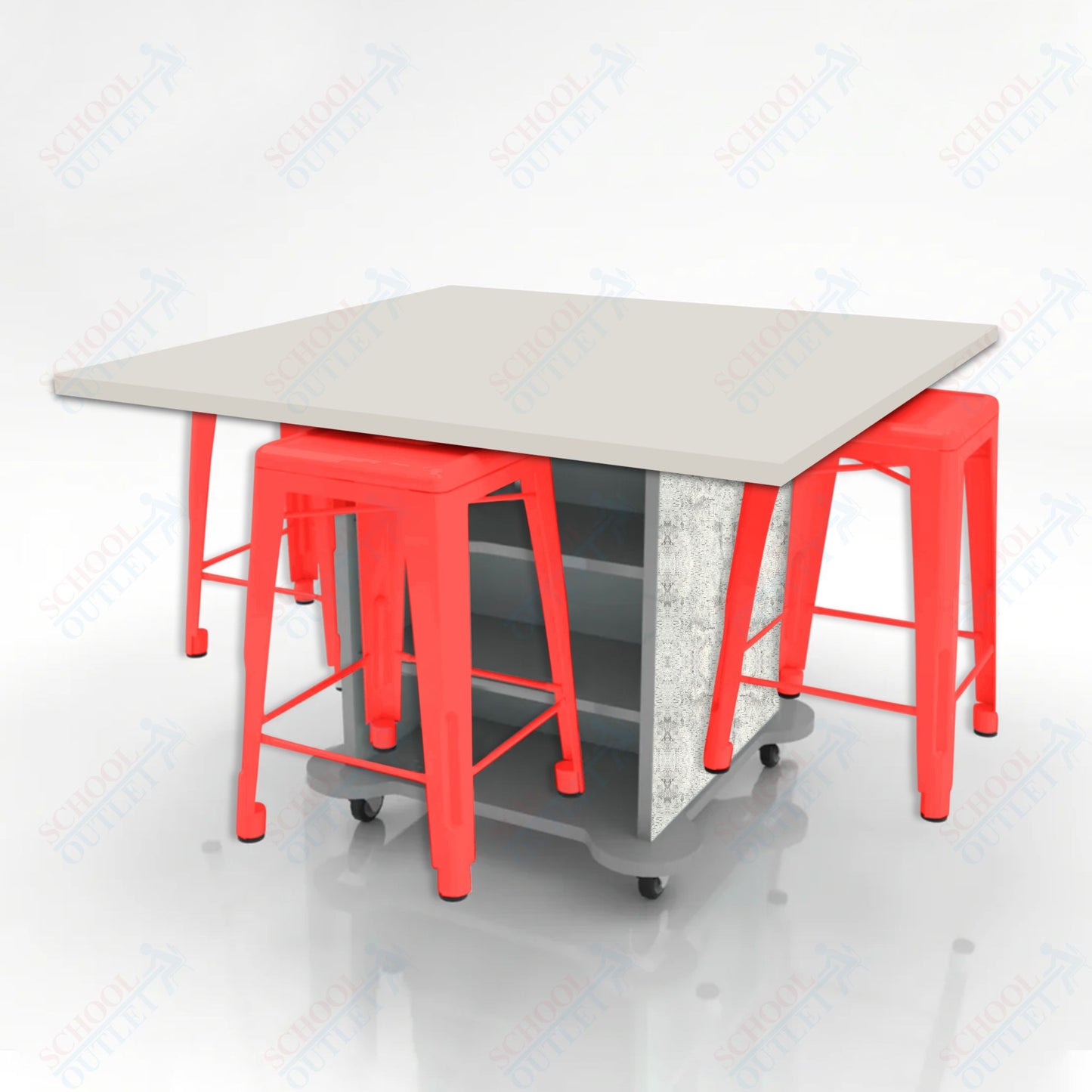 CEF Creation Cube Double-Sided Storage Table - 34"H, High-Pressure Laminate Base and Square Top - 4 Metal Stools Included