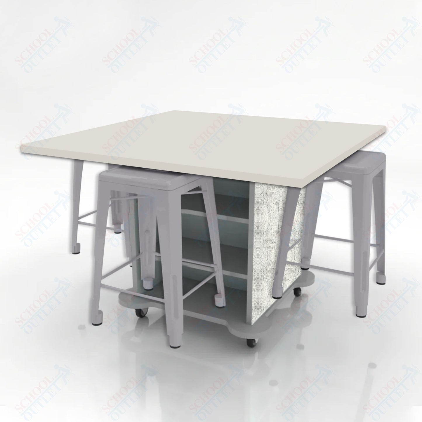 CEF Creation Cube Double-Sided Storage Table - 34"H, High-Pressure Laminate Base and Square Top - 4 Metal Stools Included