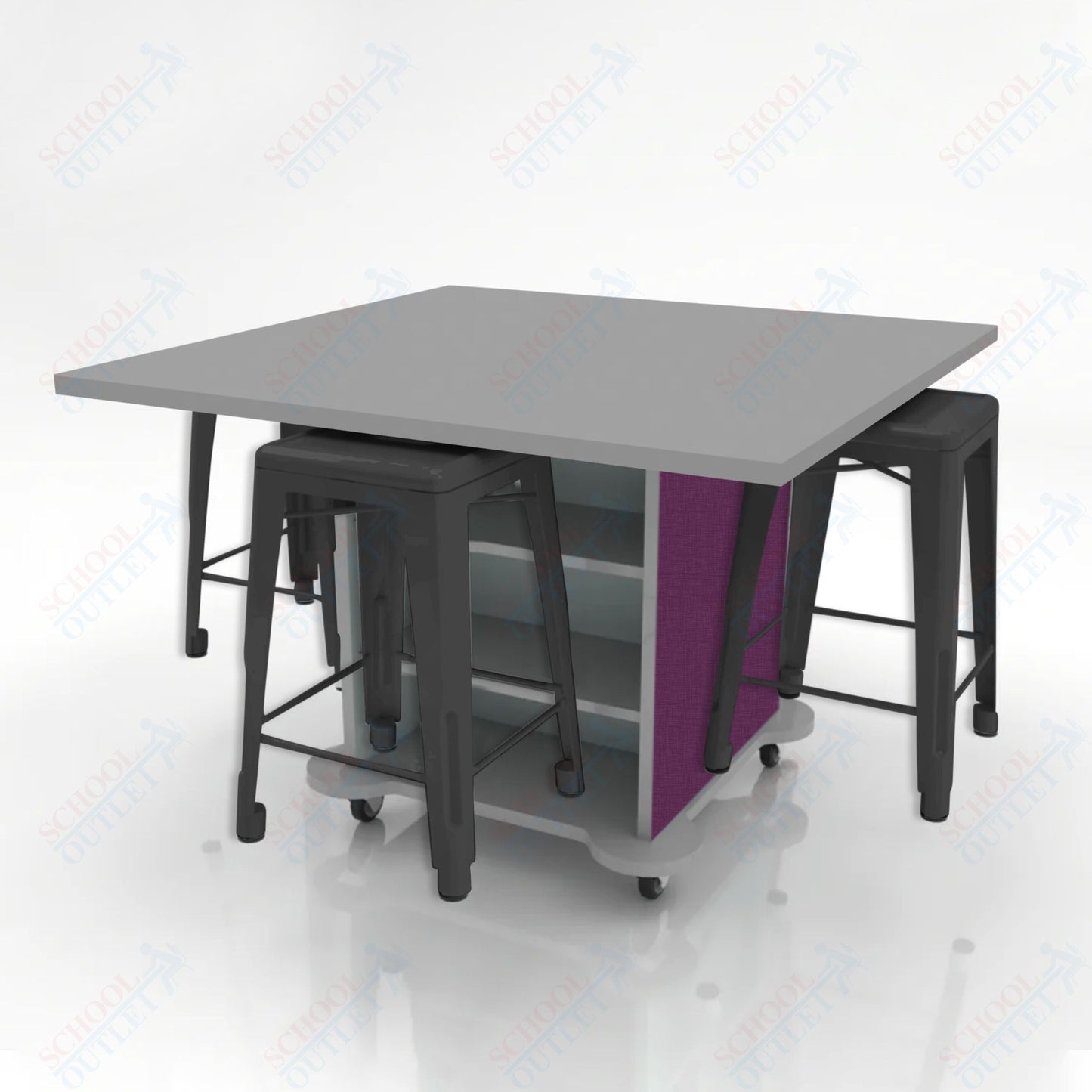 CEF Creation Cube Double-Sided Storage Table - 34"H, High-Pressure Laminate Base and Square Top - 4 Metal Stools Included