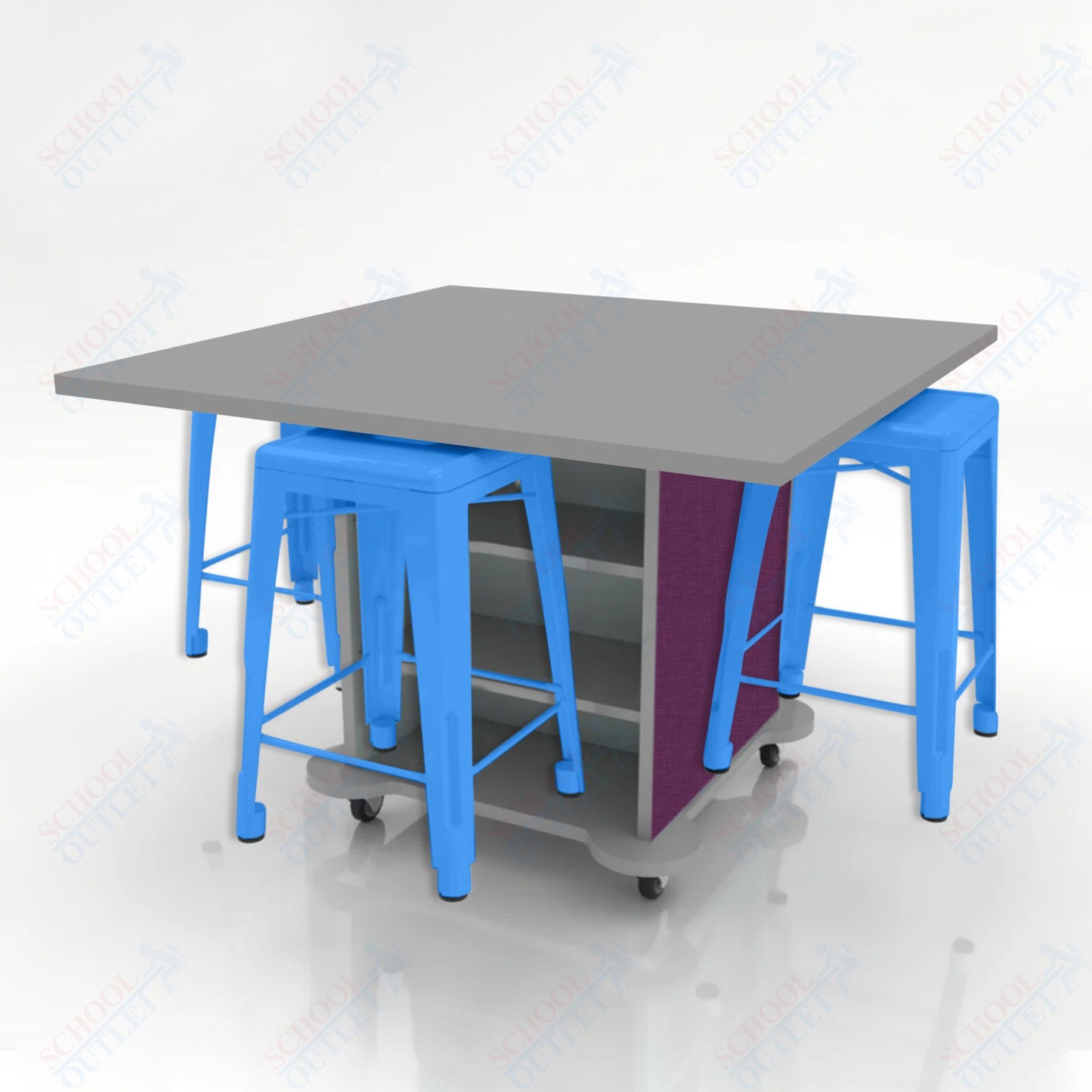 CEF Creation Cube Double-Sided Storage Table - 34"H, High-Pressure Laminate Base and Square Top - 4 Metal Stools Included