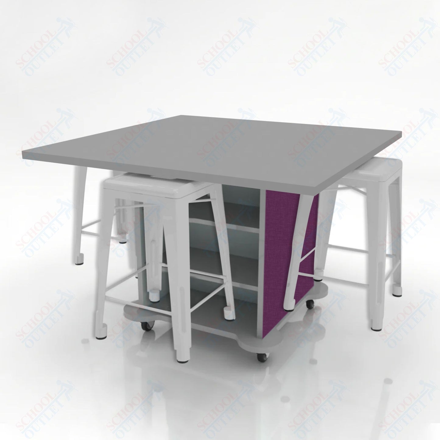 CEF Creation Cube Double-Sided Storage Table - 34"H, High-Pressure Laminate Base and Square Top - 4 Metal Stools Included