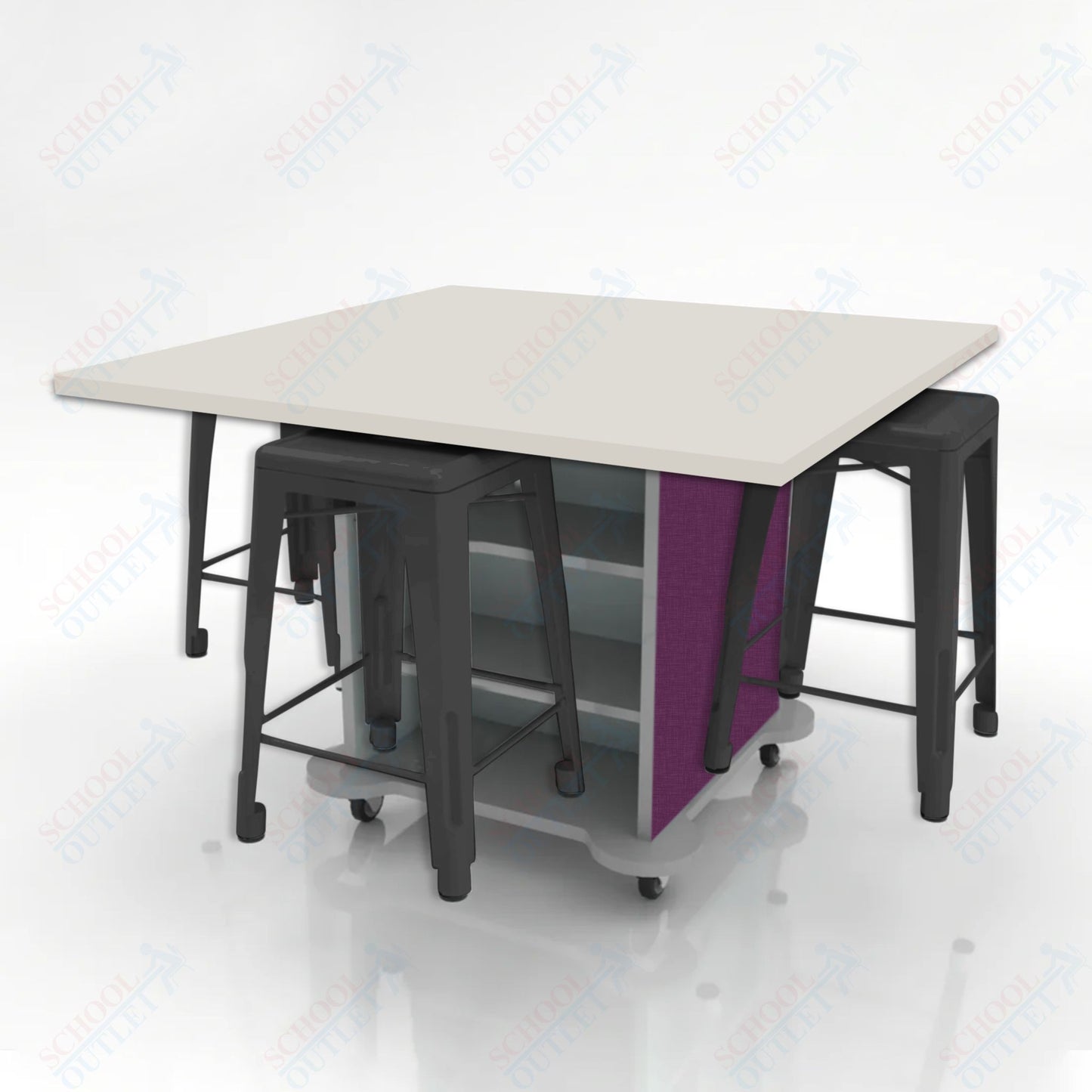 CEF Creation Cube Double-Sided Storage Table - 34"H, High-Pressure Laminate Base and Square Top - 4 Metal Stools Included