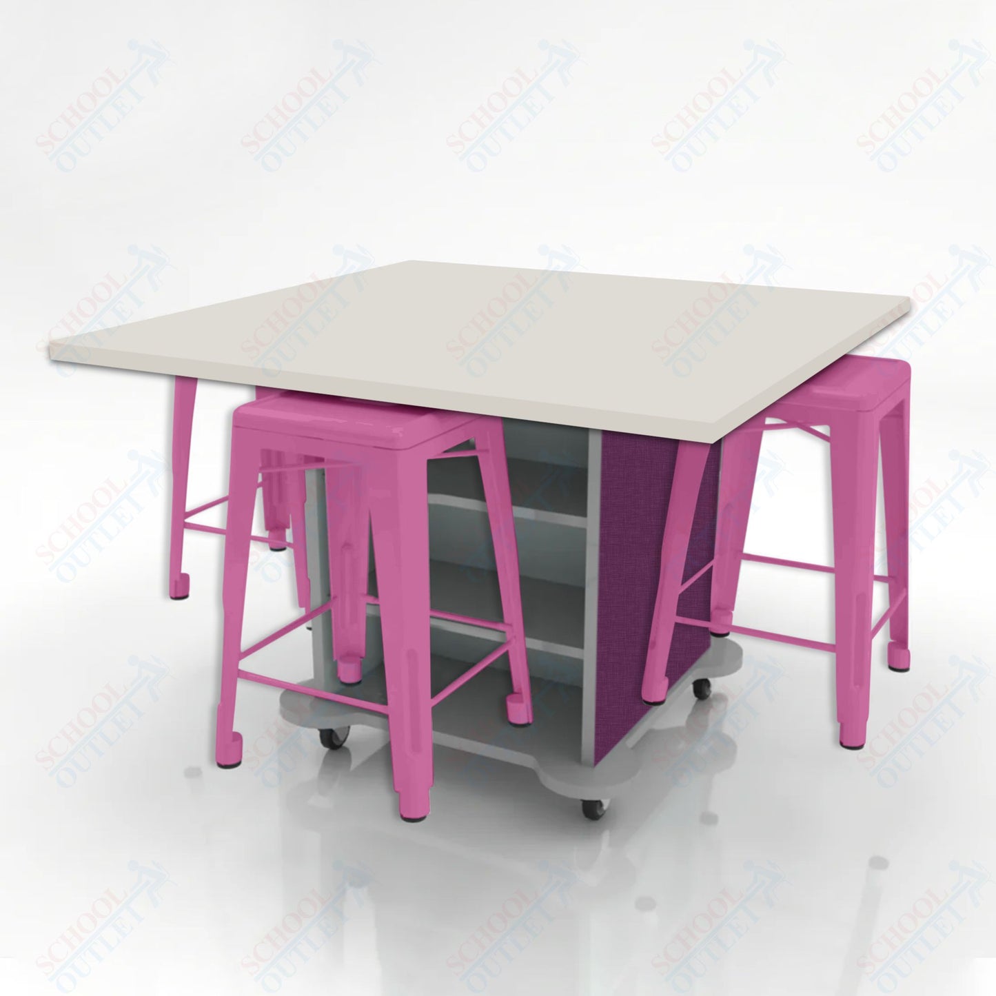 CEF Creation Cube Double-Sided Storage Table - 34"H, High-Pressure Laminate Base and Square Top - 4 Metal Stools Included