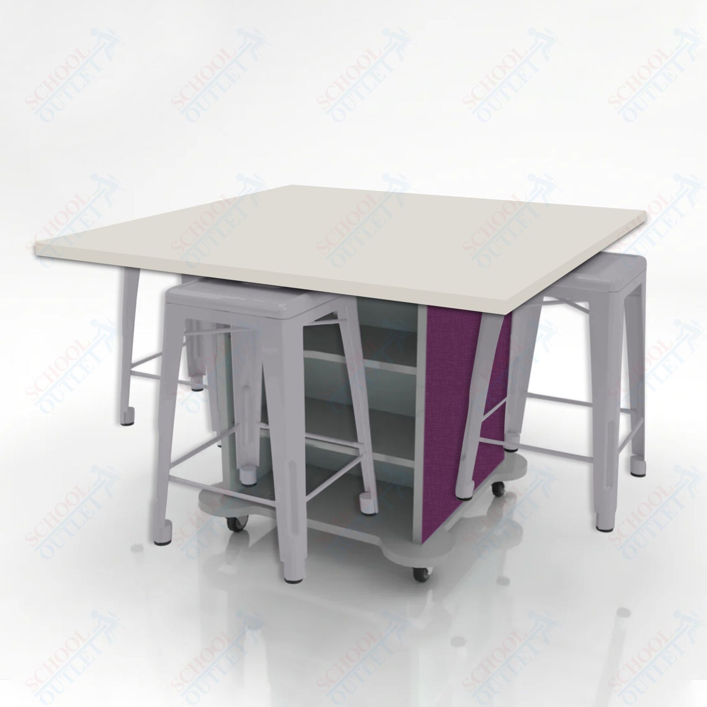 CEF Creation Cube Double-Sided Storage Table - 34"H, High-Pressure Laminate Base and Square Top - 4 Metal Stools Included